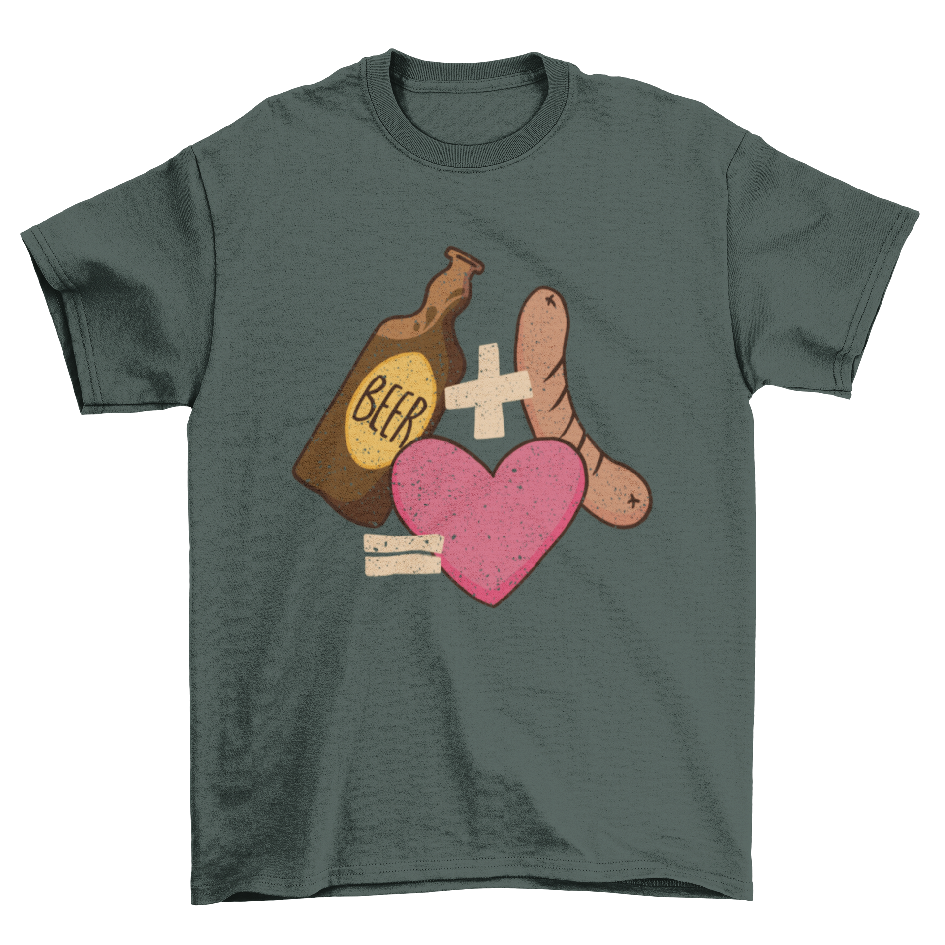 A playful t-shirt design featuring a beer bottle and sausage, symbolizing love.