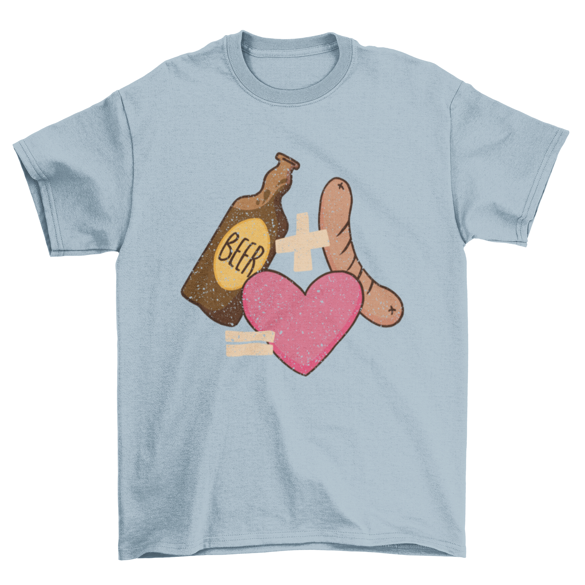 A playful t-shirt design featuring a beer bottle and sausage, symbolizing love.