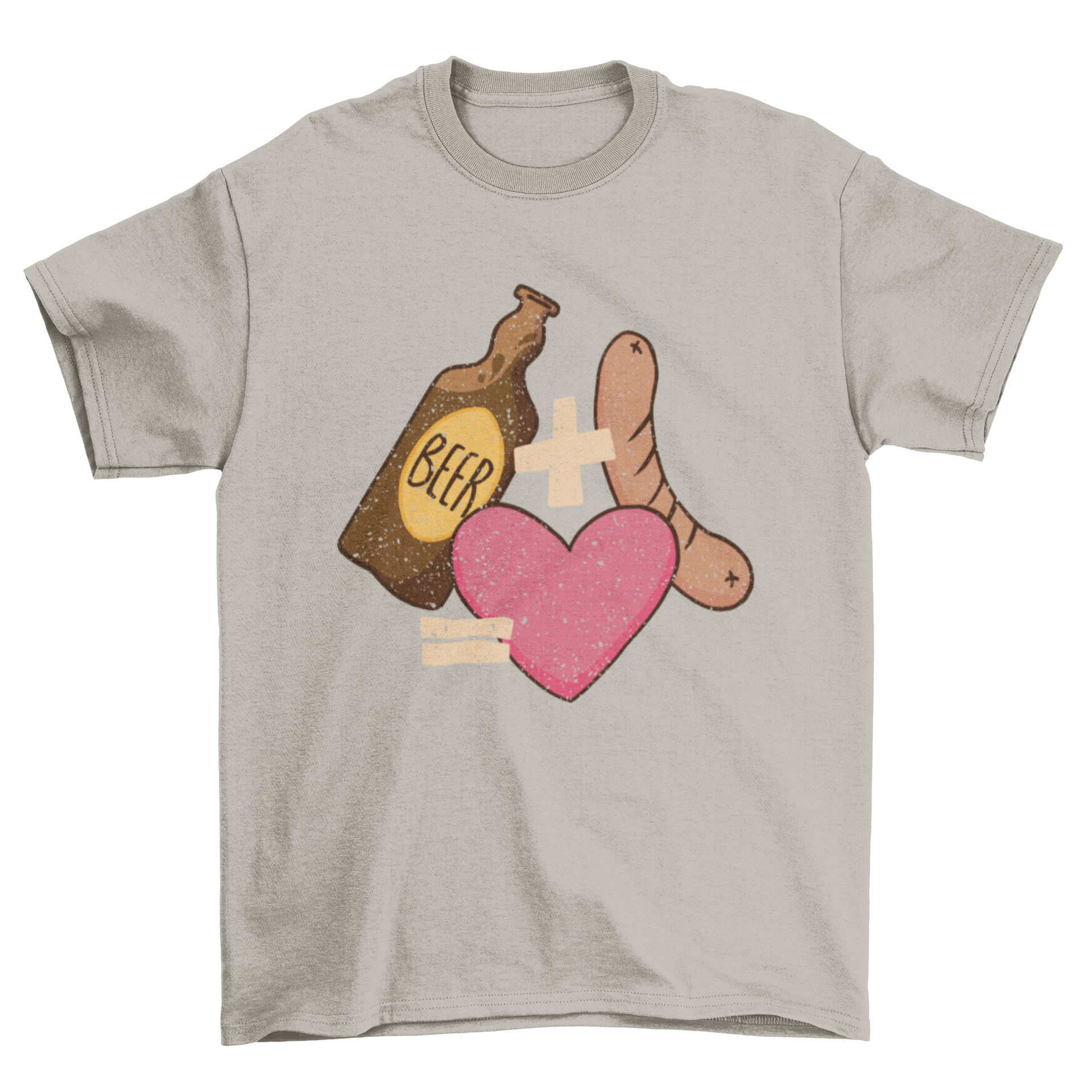 A playful t-shirt design featuring a beer bottle and sausage, symbolizing love.