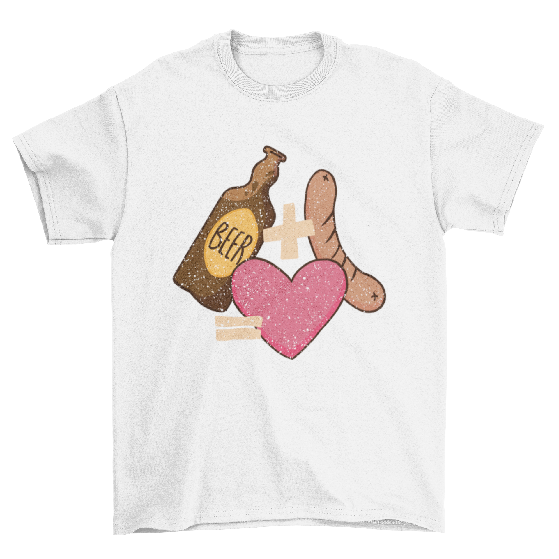 A playful t-shirt design featuring a beer bottle and sausage, symbolizing love.