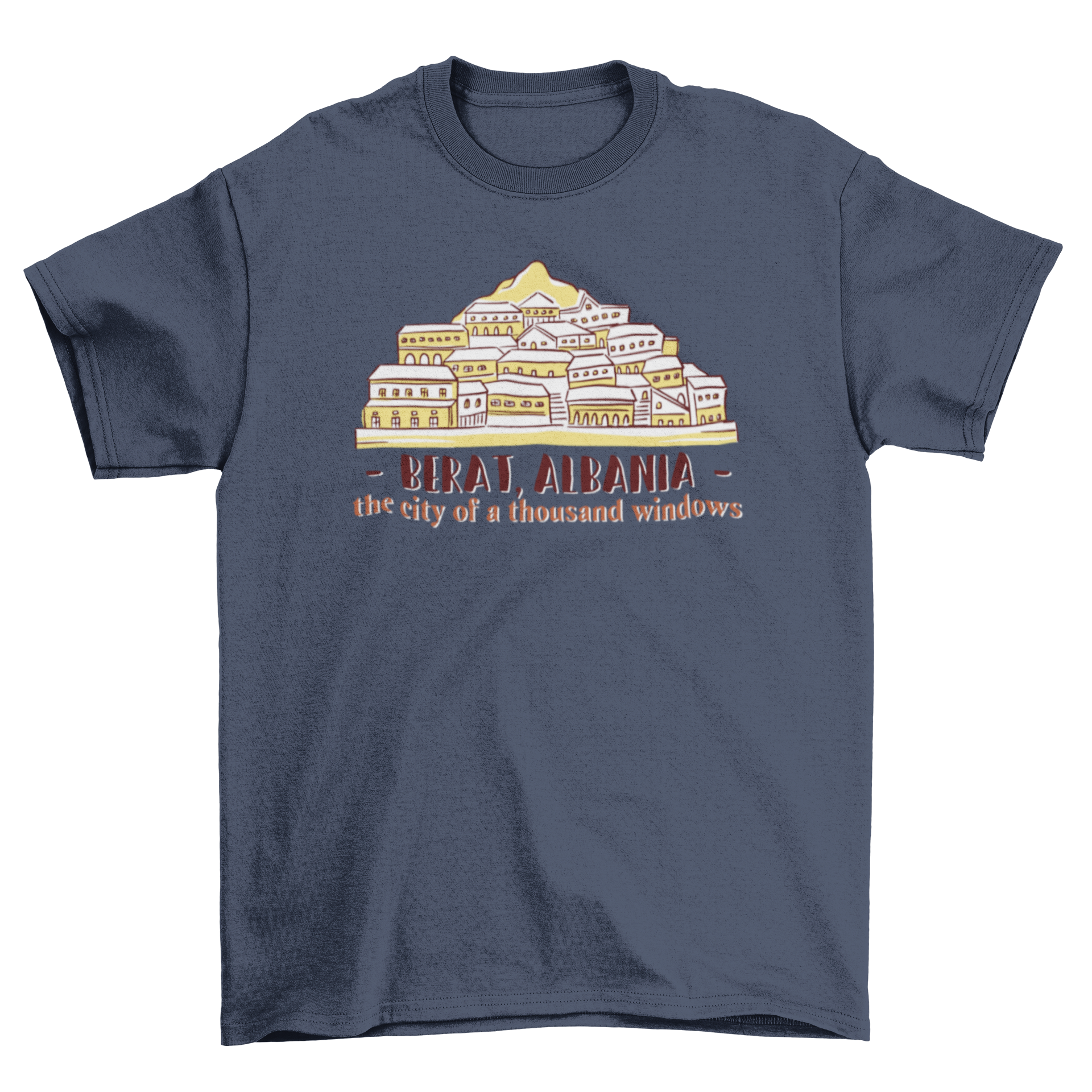 Berat Skyline T-shirt featuring an illustration of Berat, Albania's skyline with the quote 'The City of a Thousand Windows'.