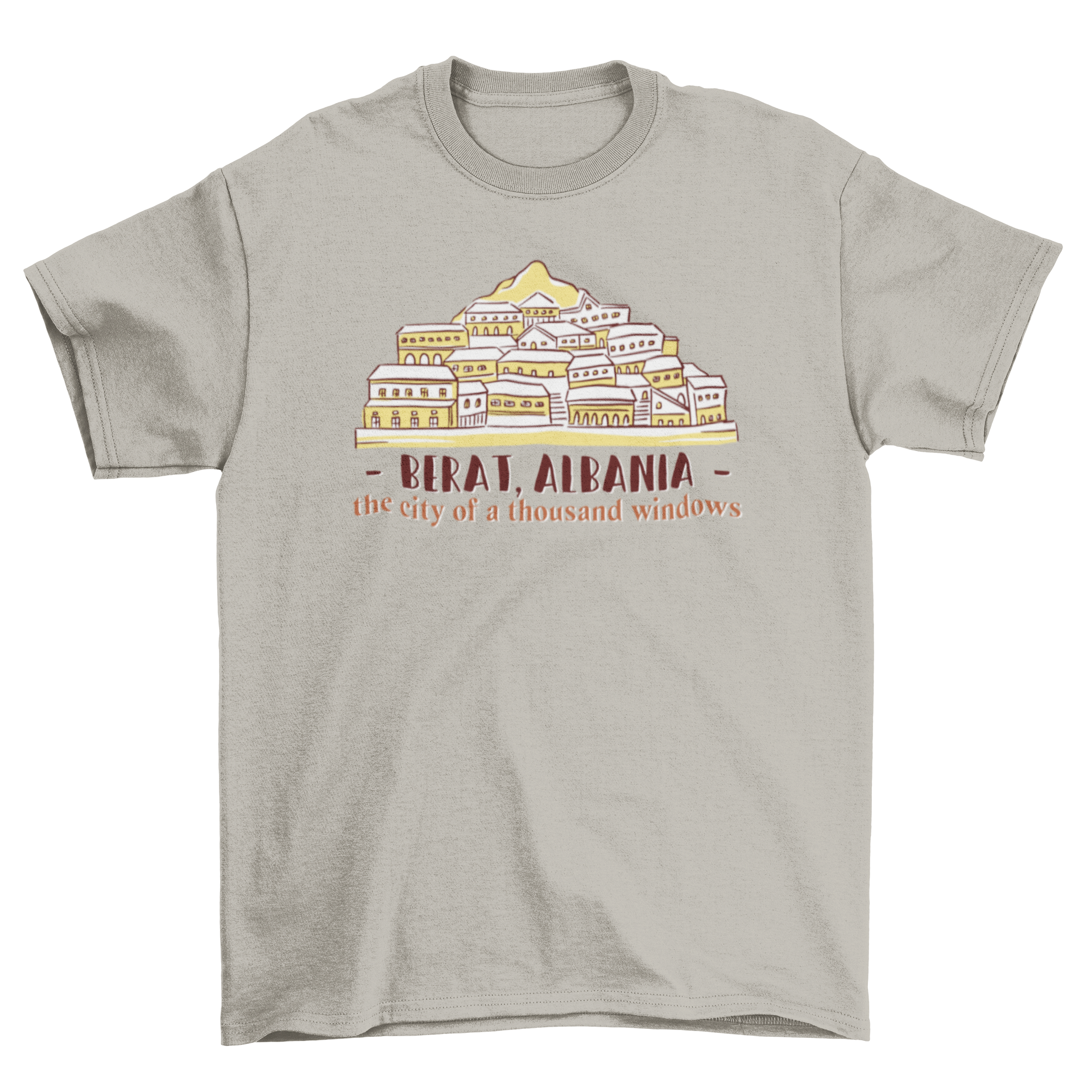 Berat Skyline T-shirt featuring an illustration of Berat, Albania's skyline with the quote 'The City of a Thousand Windows'.