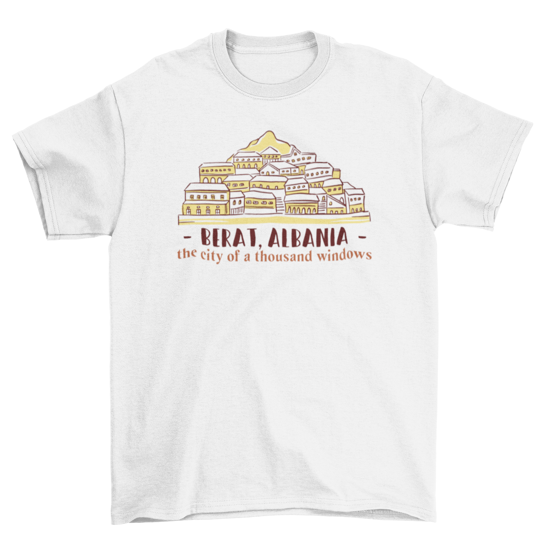 Berat Skyline T-shirt featuring an illustration of Berat, Albania's skyline with the quote 'The City of a Thousand Windows'.