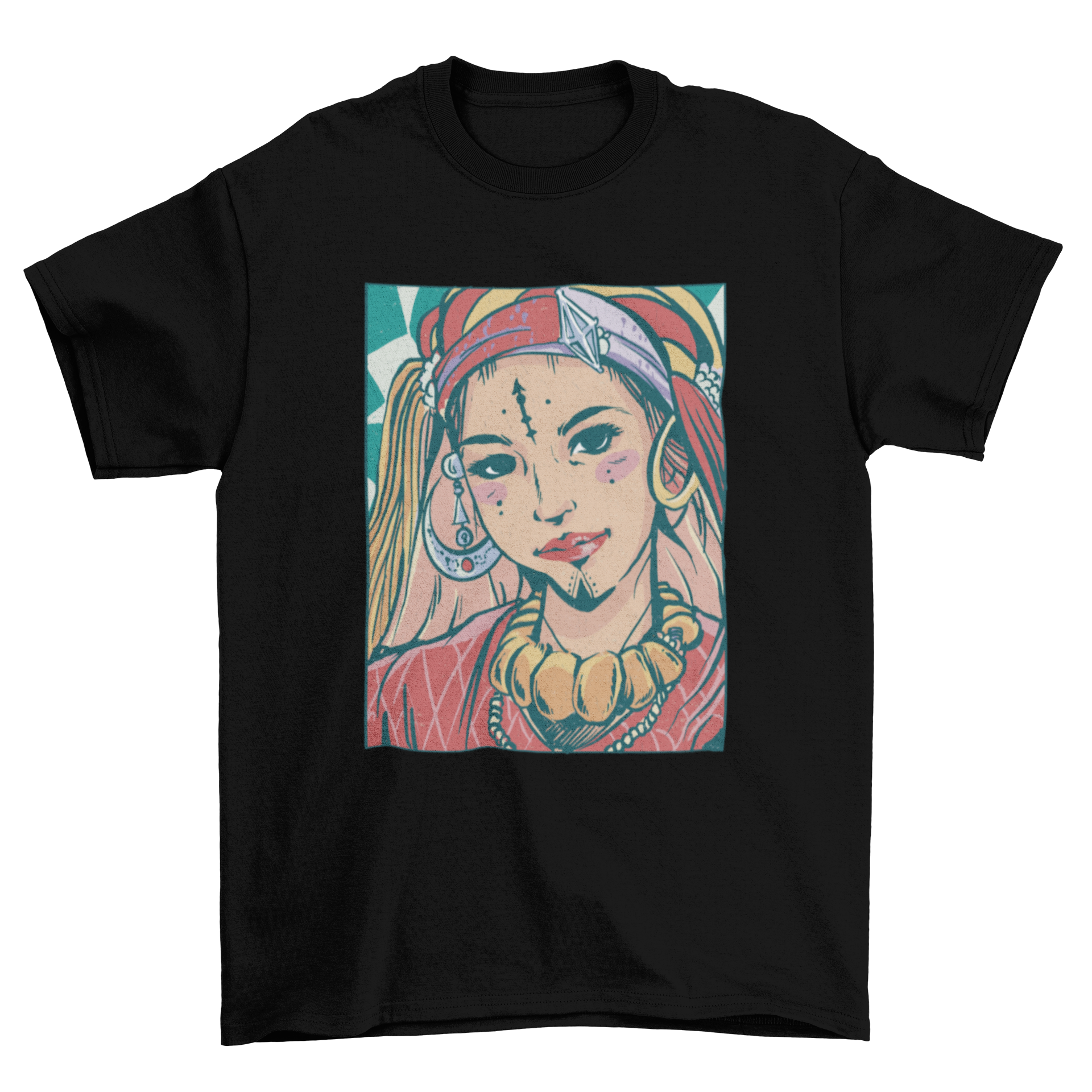 A stylish t-shirt featuring an artistic illustration of a Berber girl, showcasing cultural beauty and heritage.