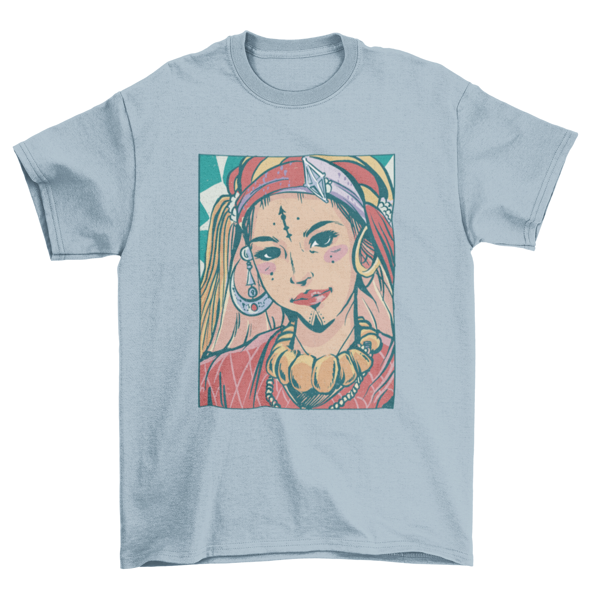 A stylish t-shirt featuring an artistic illustration of a Berber girl, showcasing cultural beauty and heritage.