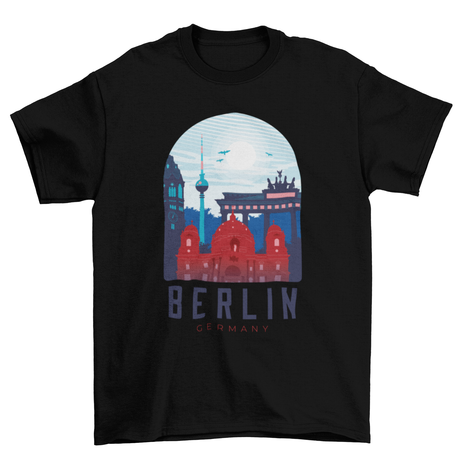 Berlin skyline t-shirt featuring iconic buildings and 'Berlin Germany' caption.