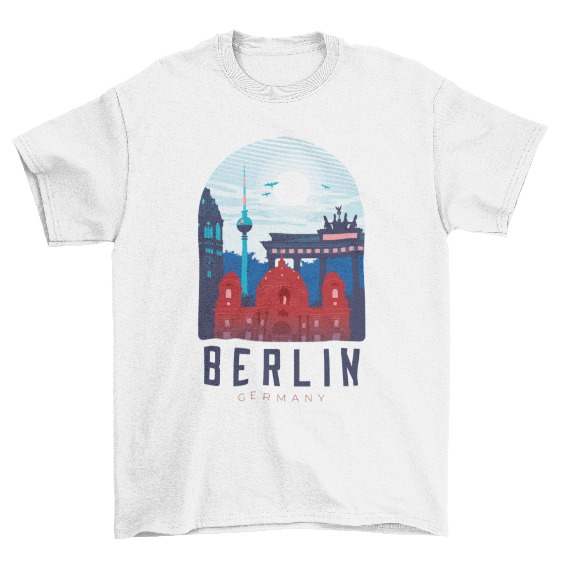 Berlin skyline t-shirt featuring iconic buildings and 'Berlin Germany' caption.