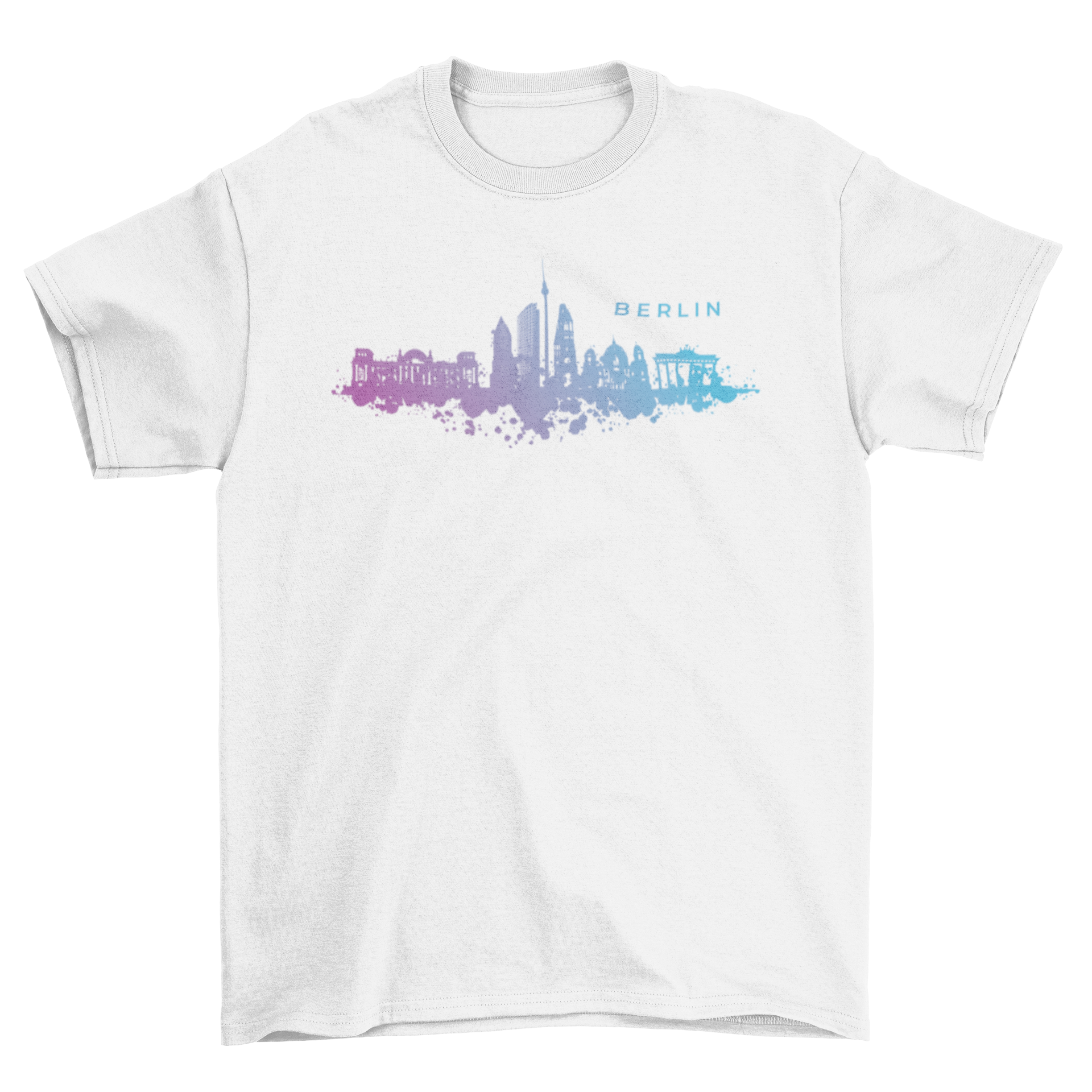 A stylish T-shirt featuring a vibrant watercolor illustration of the Berlin skyline, showcasing iconic landmarks.