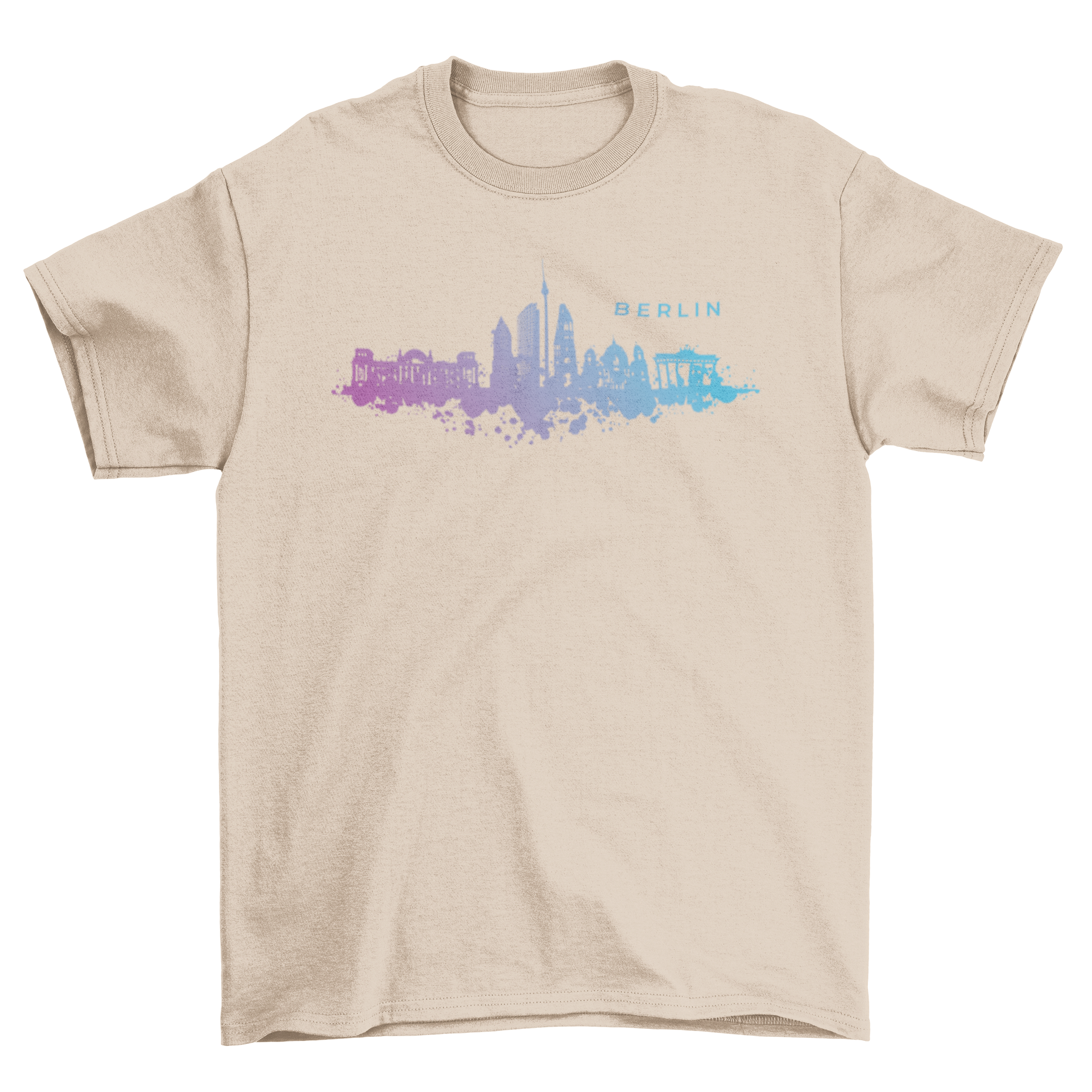 A stylish T-shirt featuring a vibrant watercolor illustration of the Berlin skyline, showcasing iconic landmarks.