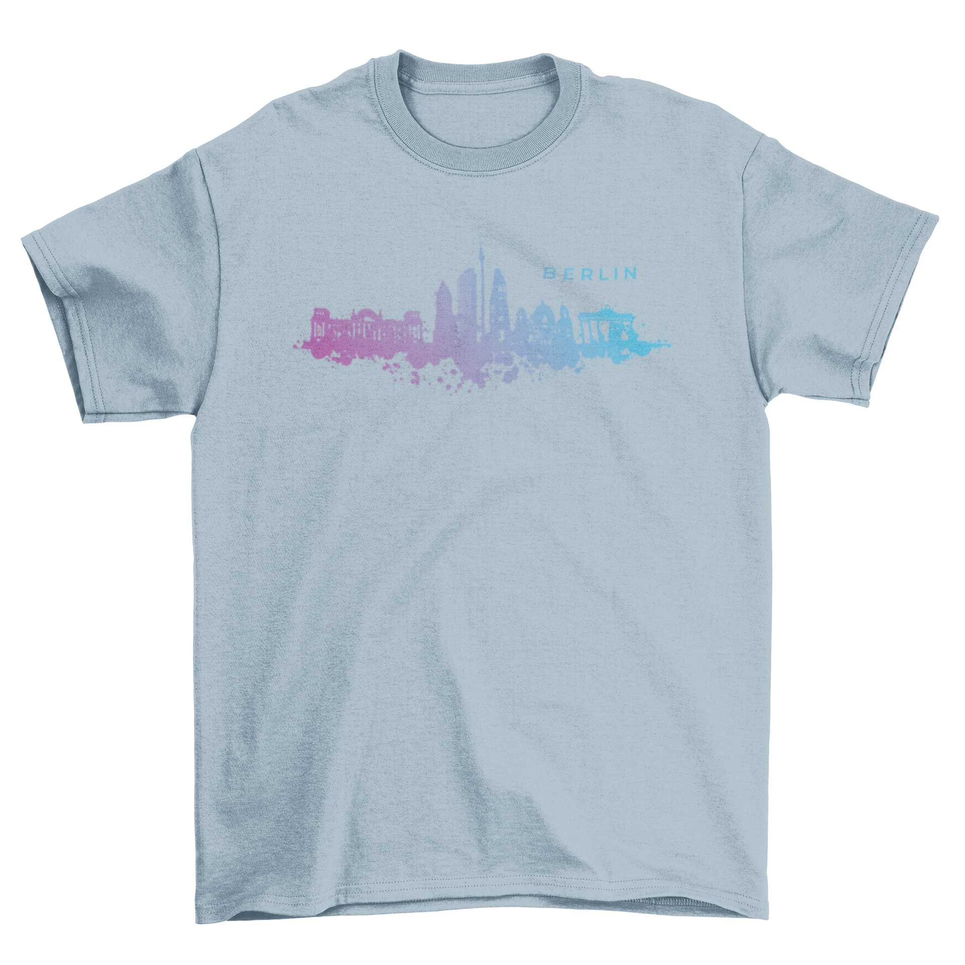 A stylish T-shirt featuring a vibrant watercolor illustration of the Berlin skyline, showcasing iconic landmarks.