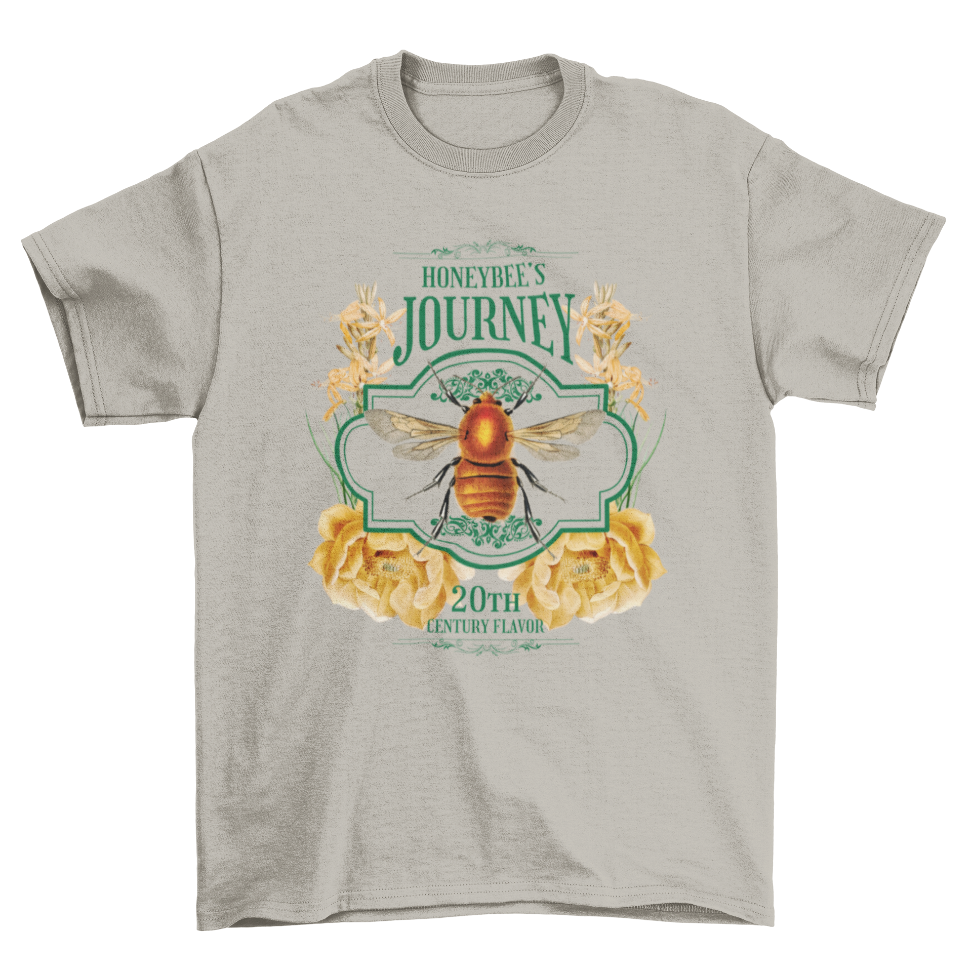 A stylish t-shirt featuring a realistic bee and colorful flowers with the quote 'Hobeybee's journey, 20th century flavour'.