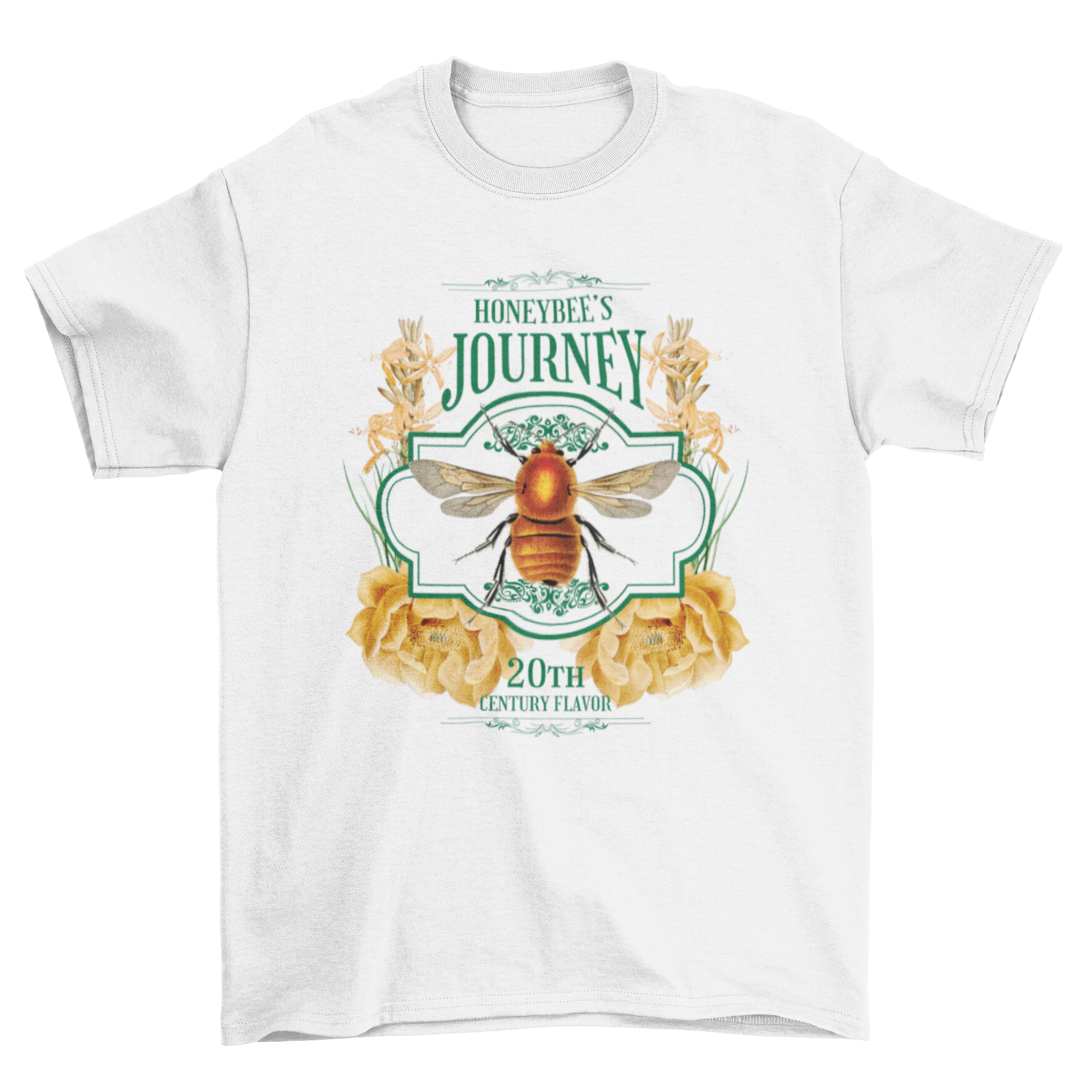 A stylish t-shirt featuring a realistic bee and colorful flowers with the quote 'Hobeybee's journey, 20th century flavour'.