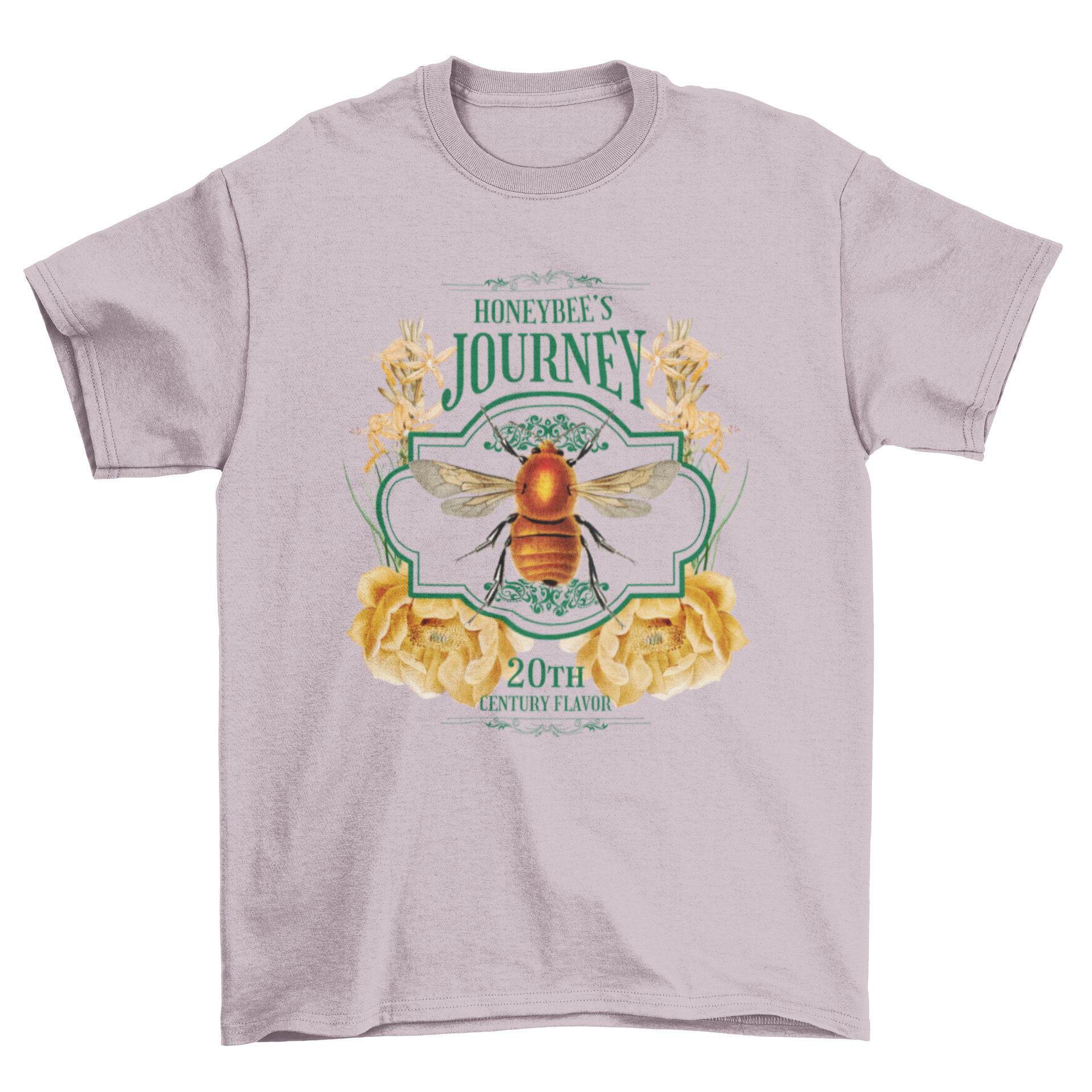 A stylish t-shirt featuring a realistic bee and colorful flowers with the quote 'Hobeybee's journey, 20th century flavour'.