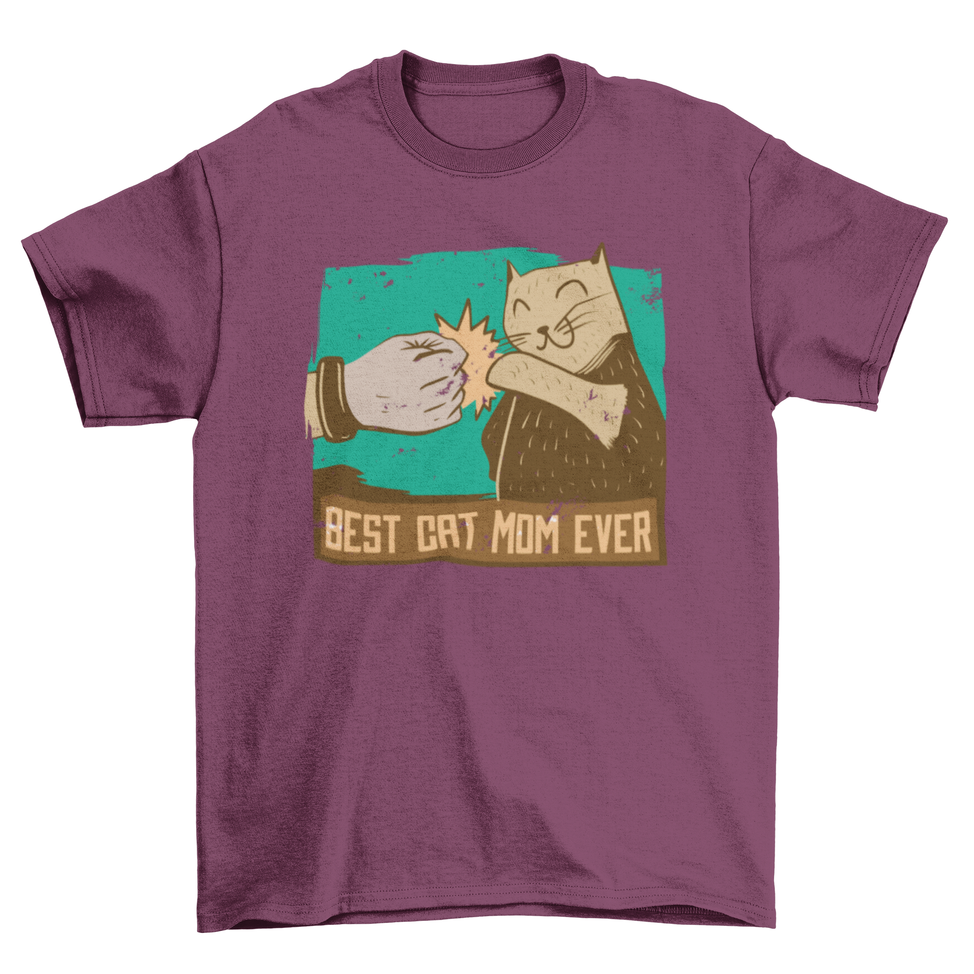 Best Cat Mom Ever T-shirt design featuring a cat fist bumping its owner with a playful quote.