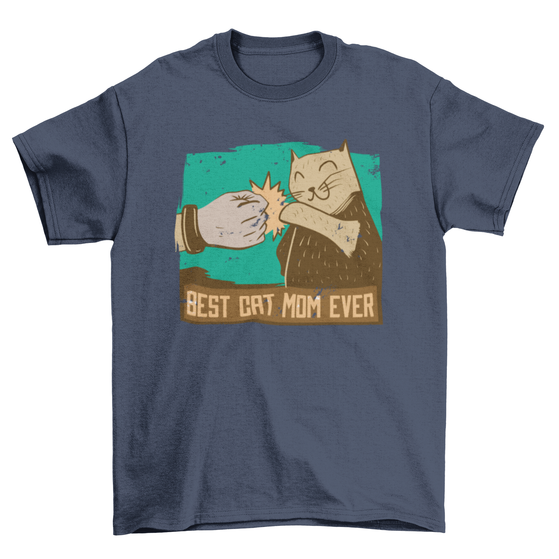 Best Cat Mom Ever T-shirt design featuring a cat fist bumping its owner with a playful quote.