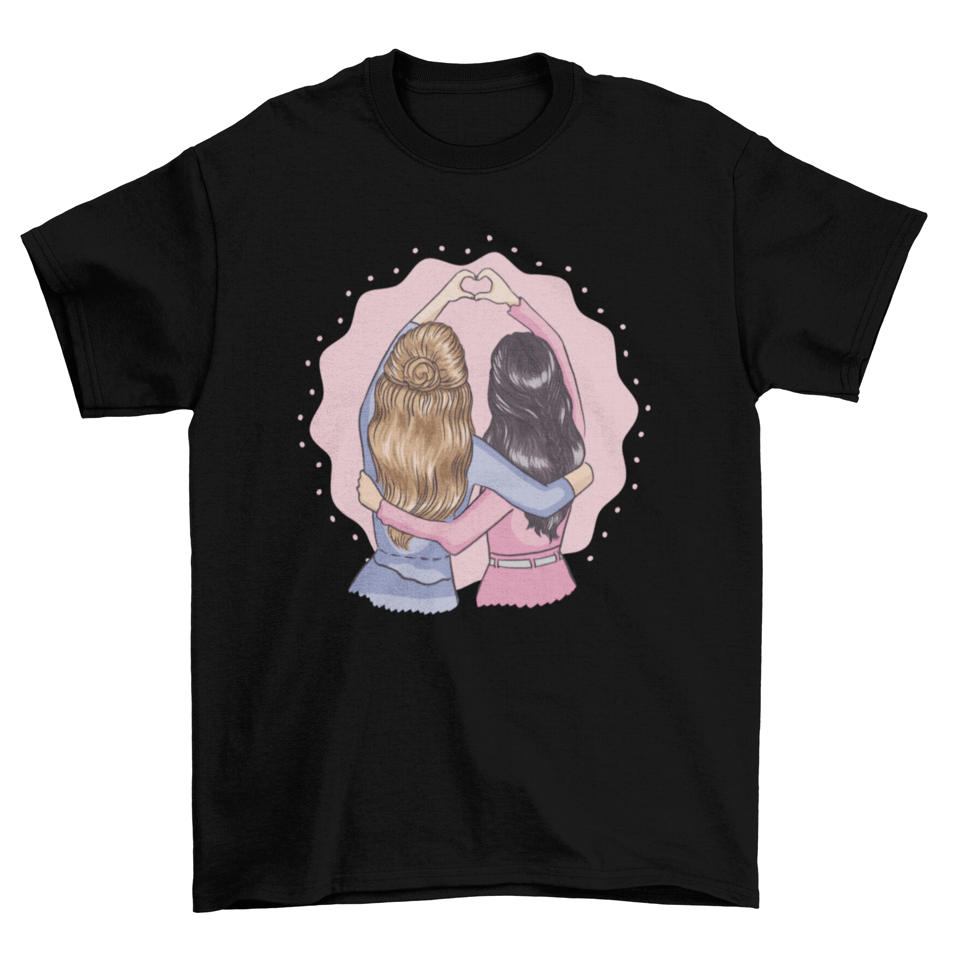 A lovely t-shirt design showcasing two female best friends hugging and forming a heart with their hands, symbolizing friendship.