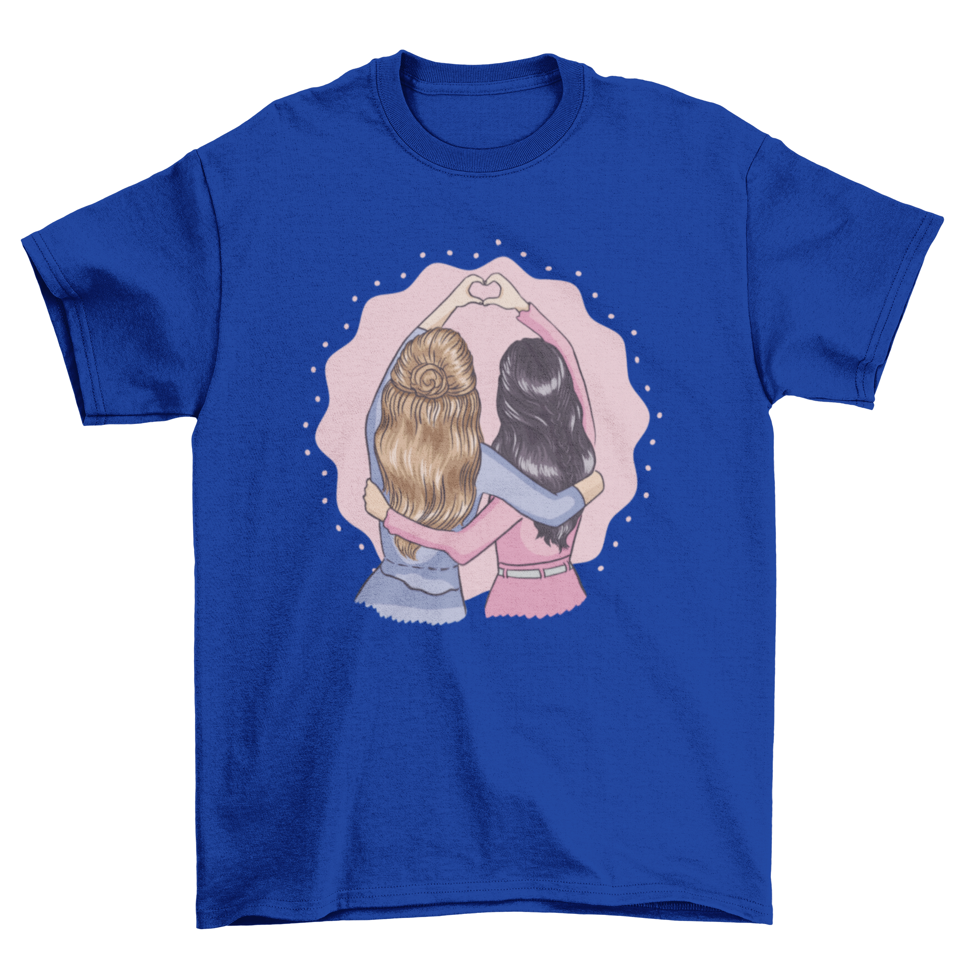 A lovely t-shirt design showcasing two female best friends hugging and forming a heart with their hands, symbolizing friendship.