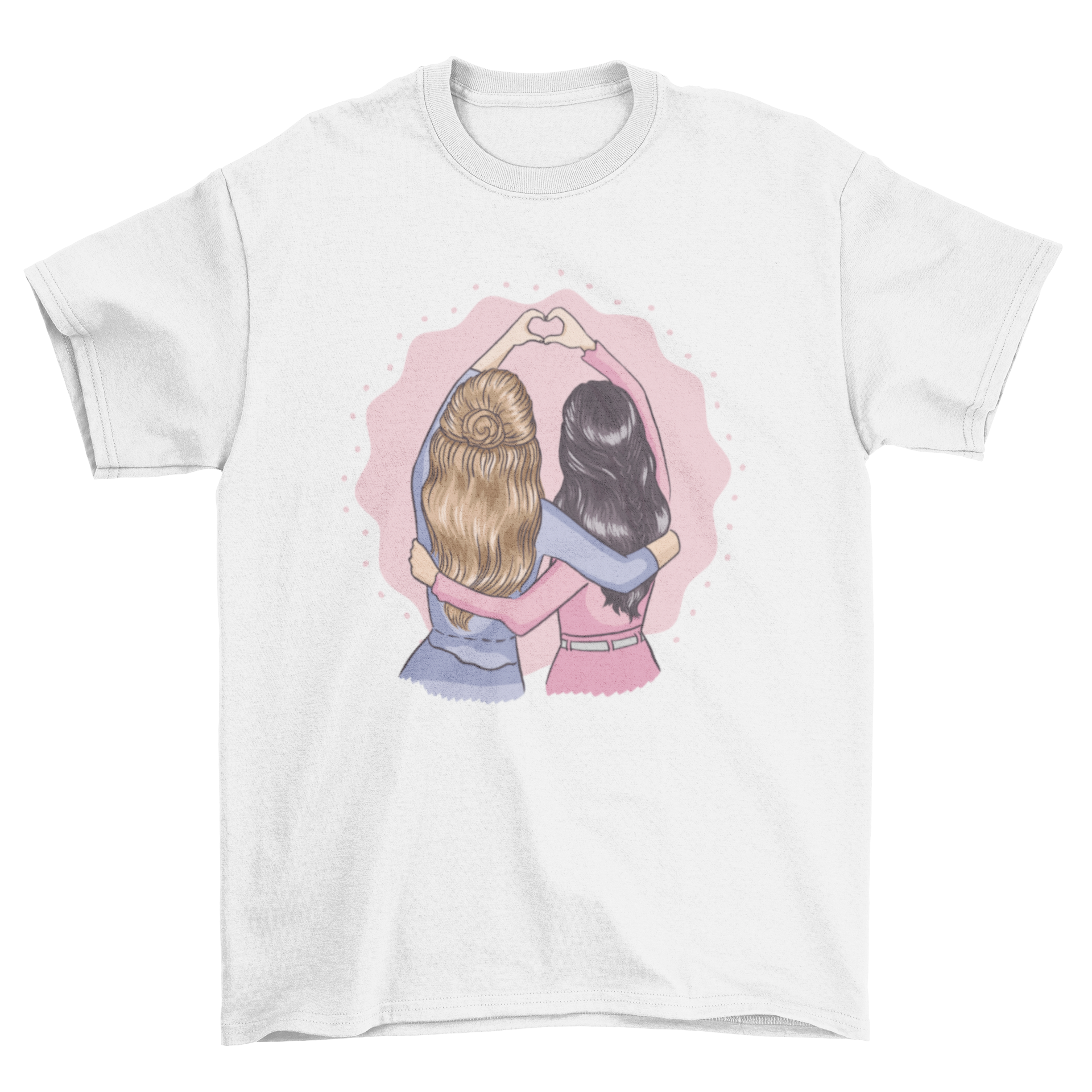 A lovely t-shirt design showcasing two female best friends hugging and forming a heart with their hands, symbolizing friendship.