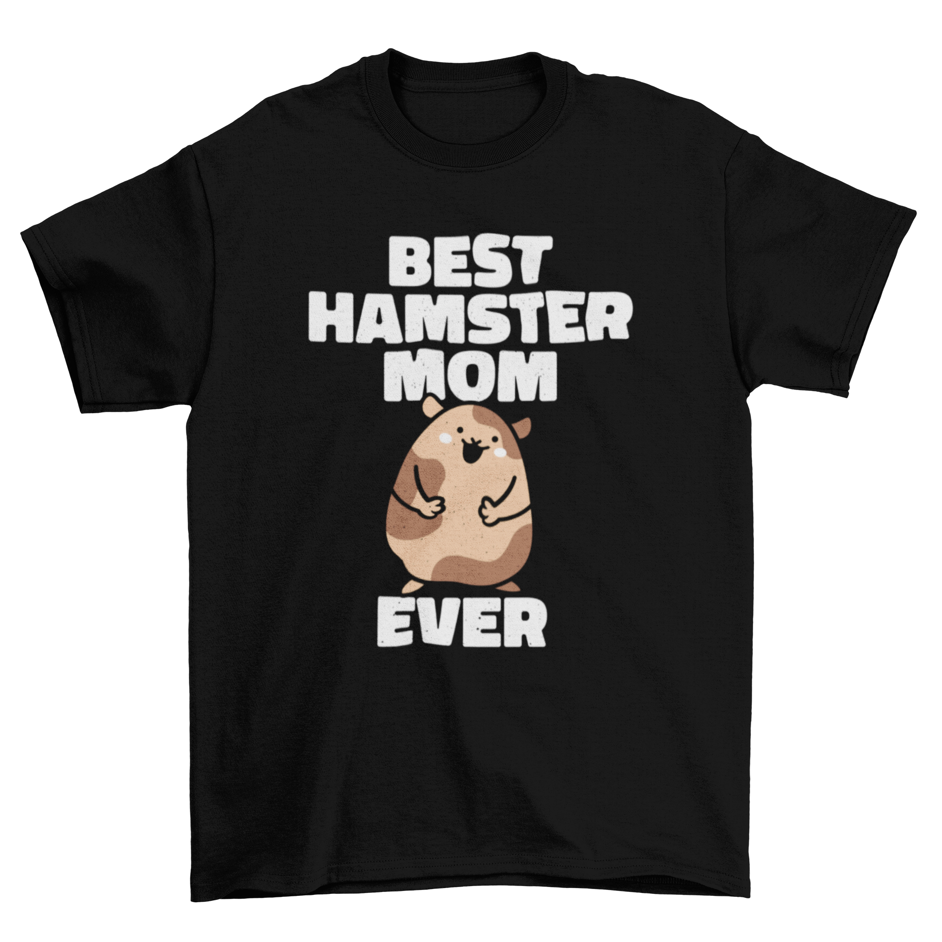 A cute t-shirt featuring a happy hamster and the quote 'Best hamster mom ever', perfect for hamster lovers.