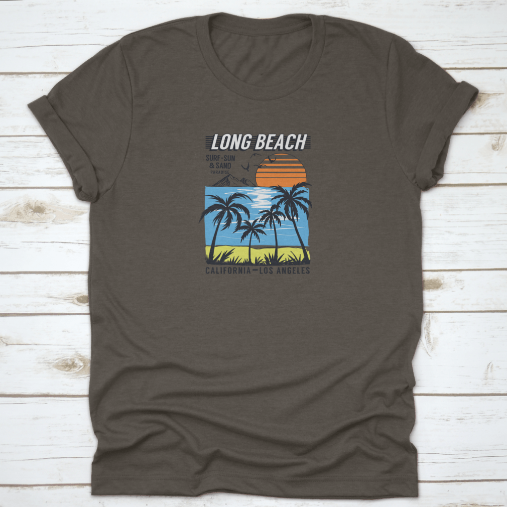 Best Paradise Surf Sun And Sand Long Beach t-shirt in various colors, showcasing its classic fit and soft fabric, perfect for beach outings.