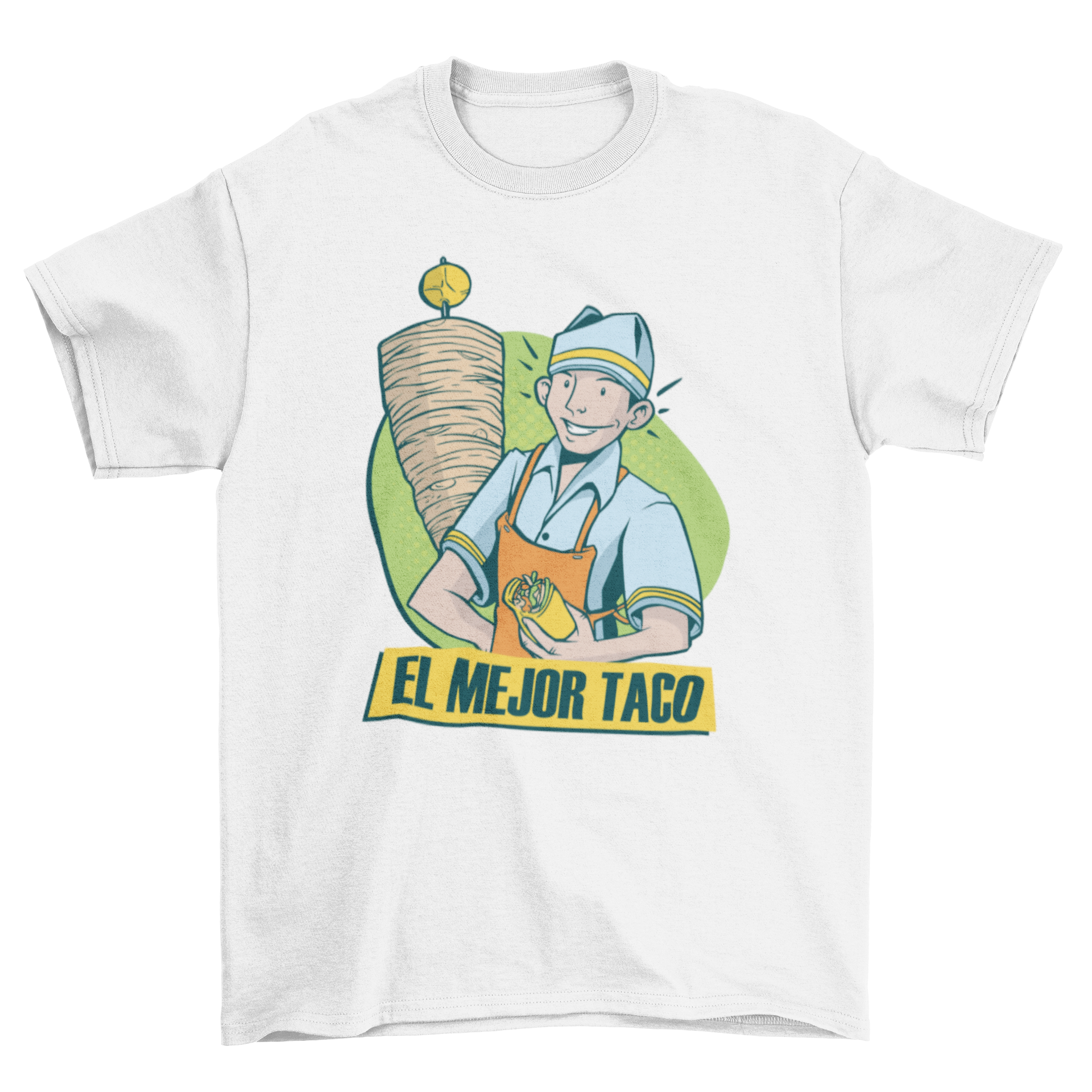 Best Taco Quote T-shirt featuring a man holding a taco with the text EL MEJOR TACO.