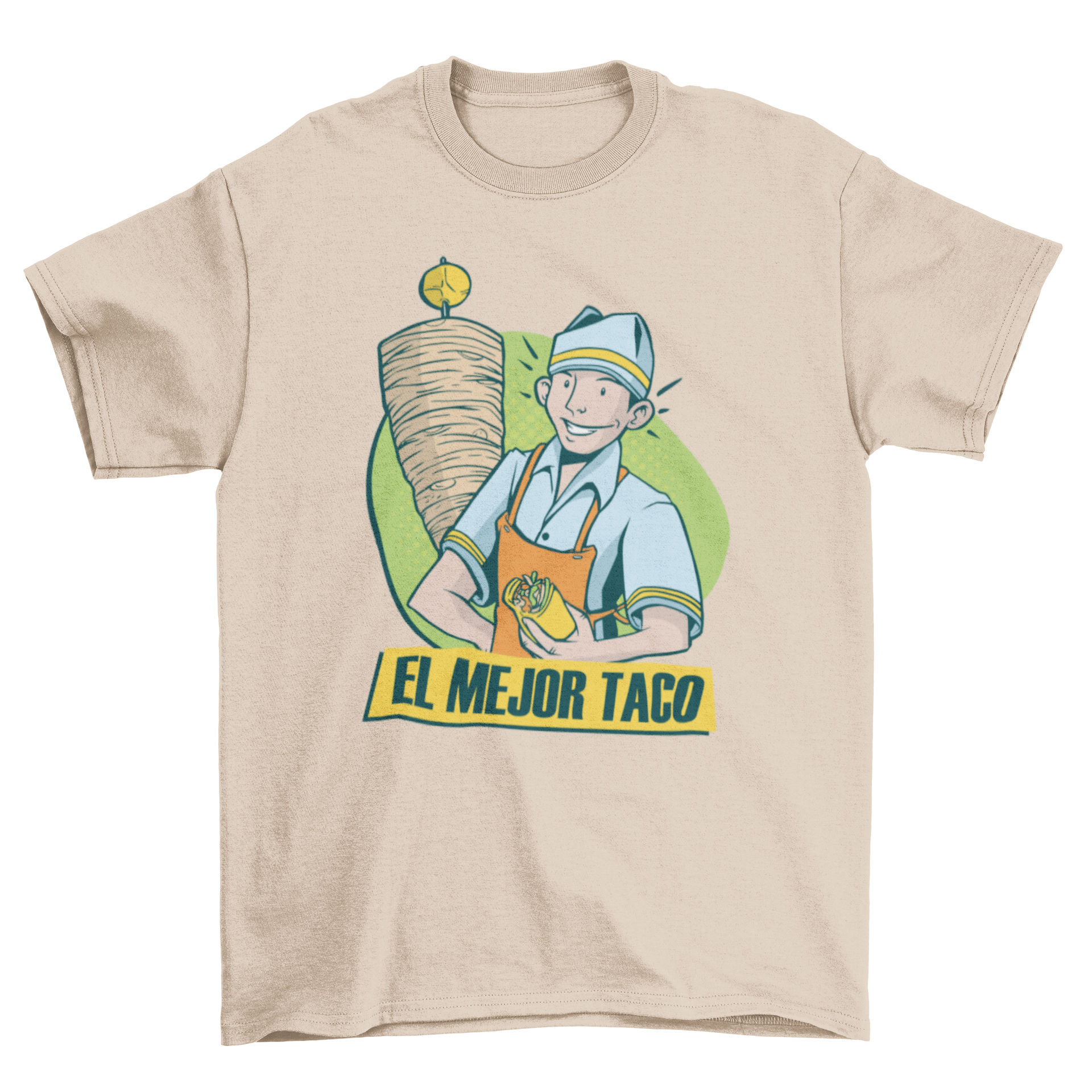 Best Taco Quote T-shirt featuring a man holding a taco with the text EL MEJOR TACO.