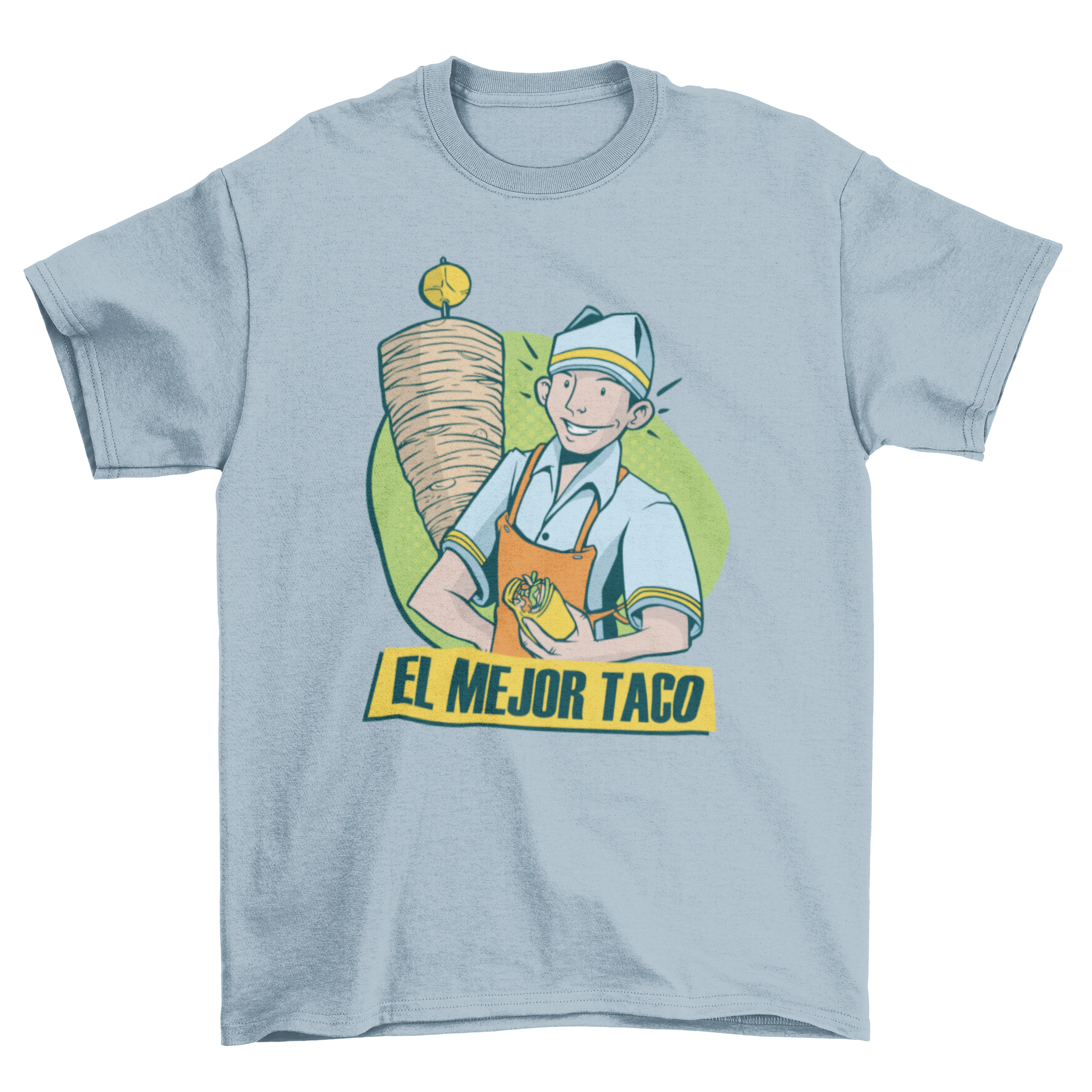 Best Taco Quote T-shirt featuring a man holding a taco with the text EL MEJOR TACO.