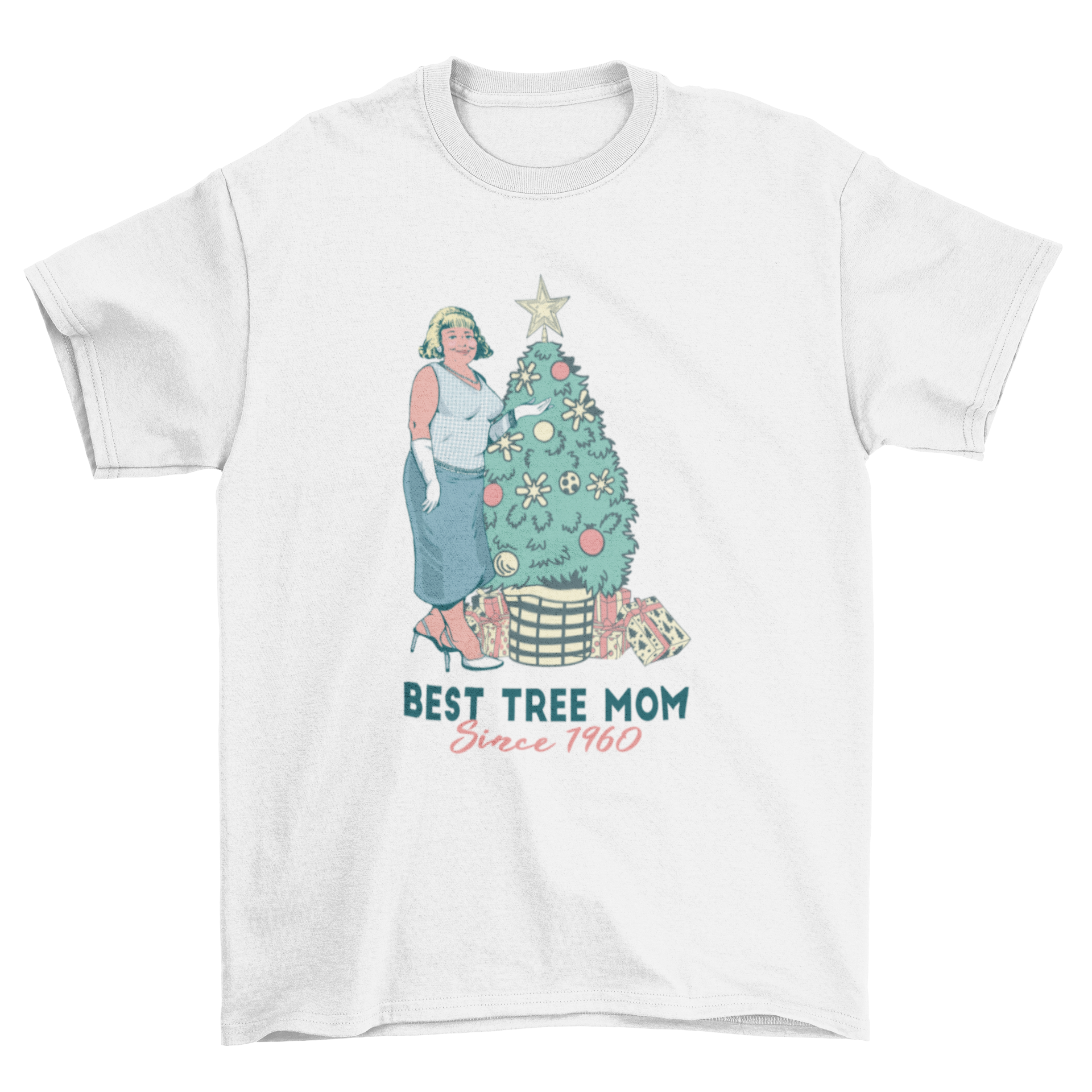 Best Tree Mom T-Shirt featuring a woman beside a Christmas tree with the quote 'Best tree mom since 1960'.