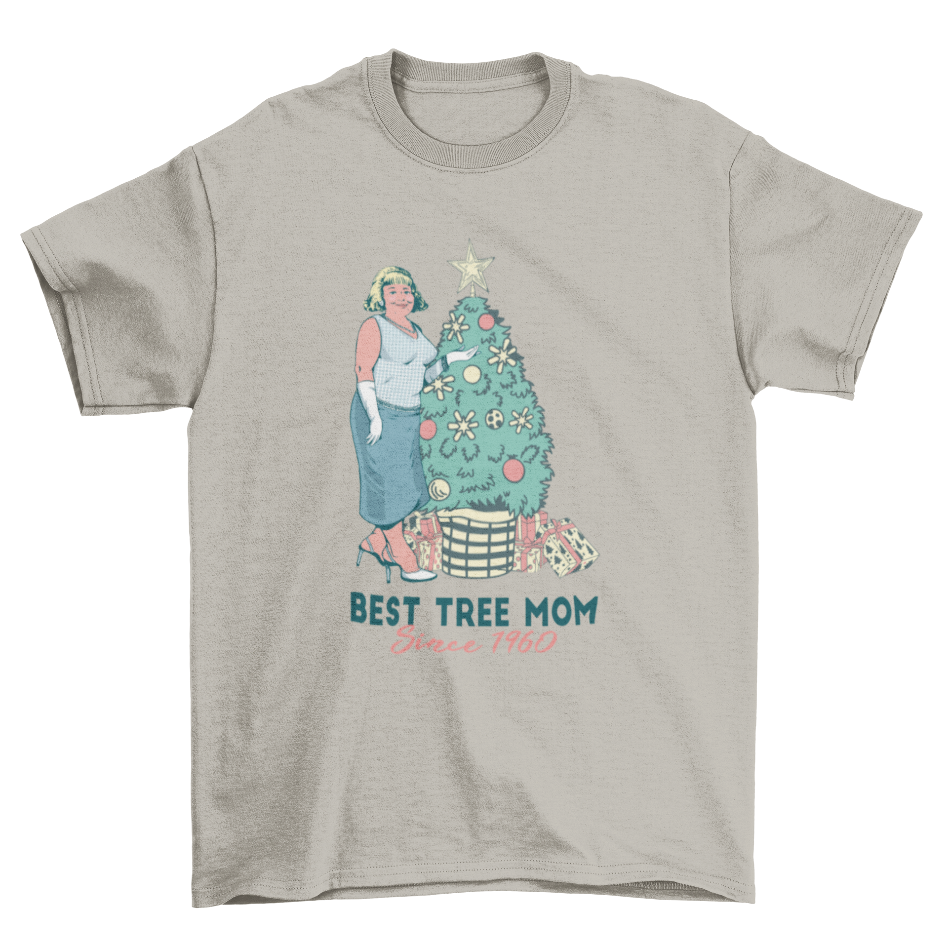 Best Tree Mom T-Shirt featuring a woman beside a Christmas tree with the quote 'Best tree mom since 1960'.