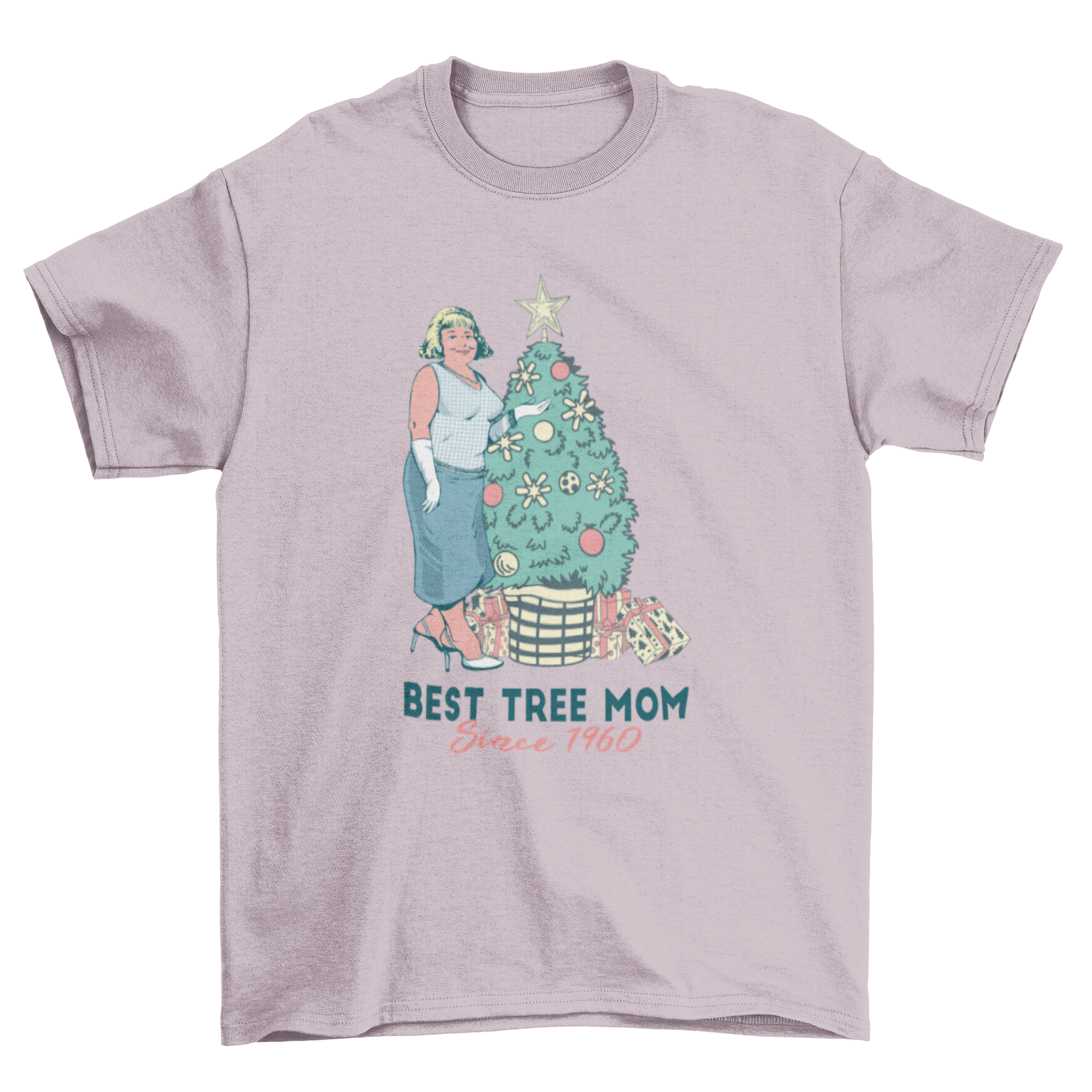 Best Tree Mom T-Shirt featuring a woman beside a Christmas tree with the quote 'Best tree mom since 1960'.