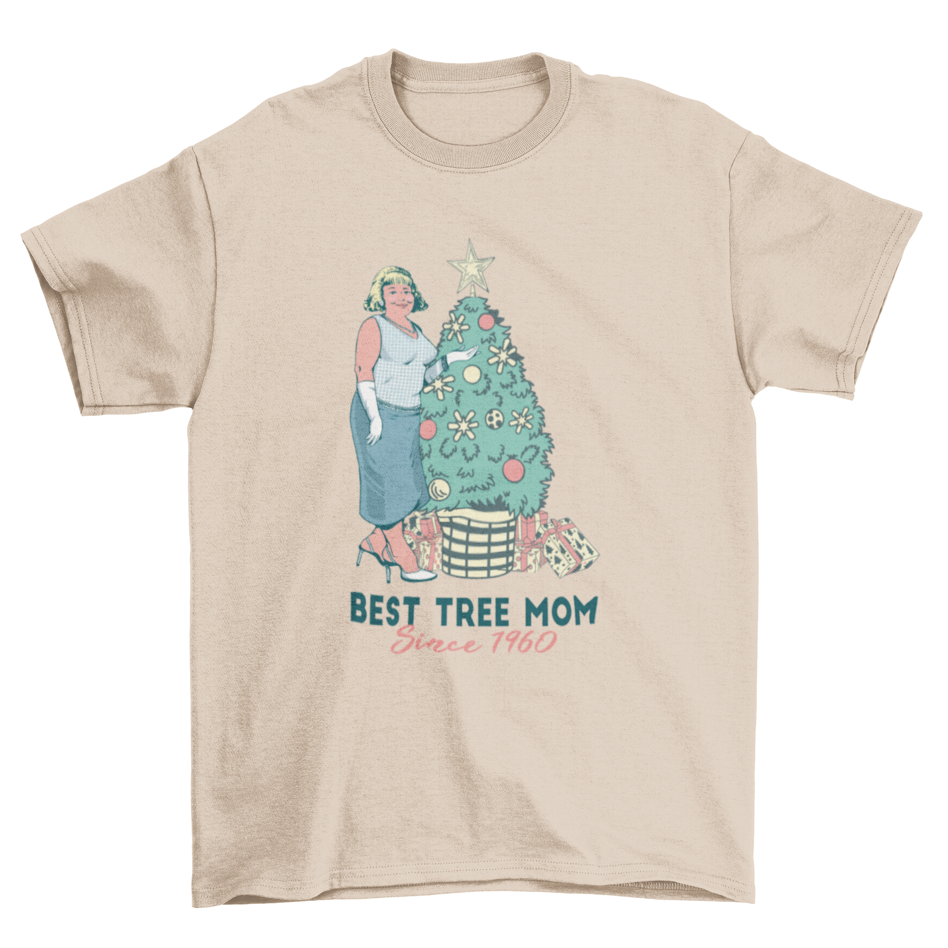 Best Tree Mom T-Shirt featuring a woman beside a Christmas tree with the quote 'Best tree mom since 1960'.