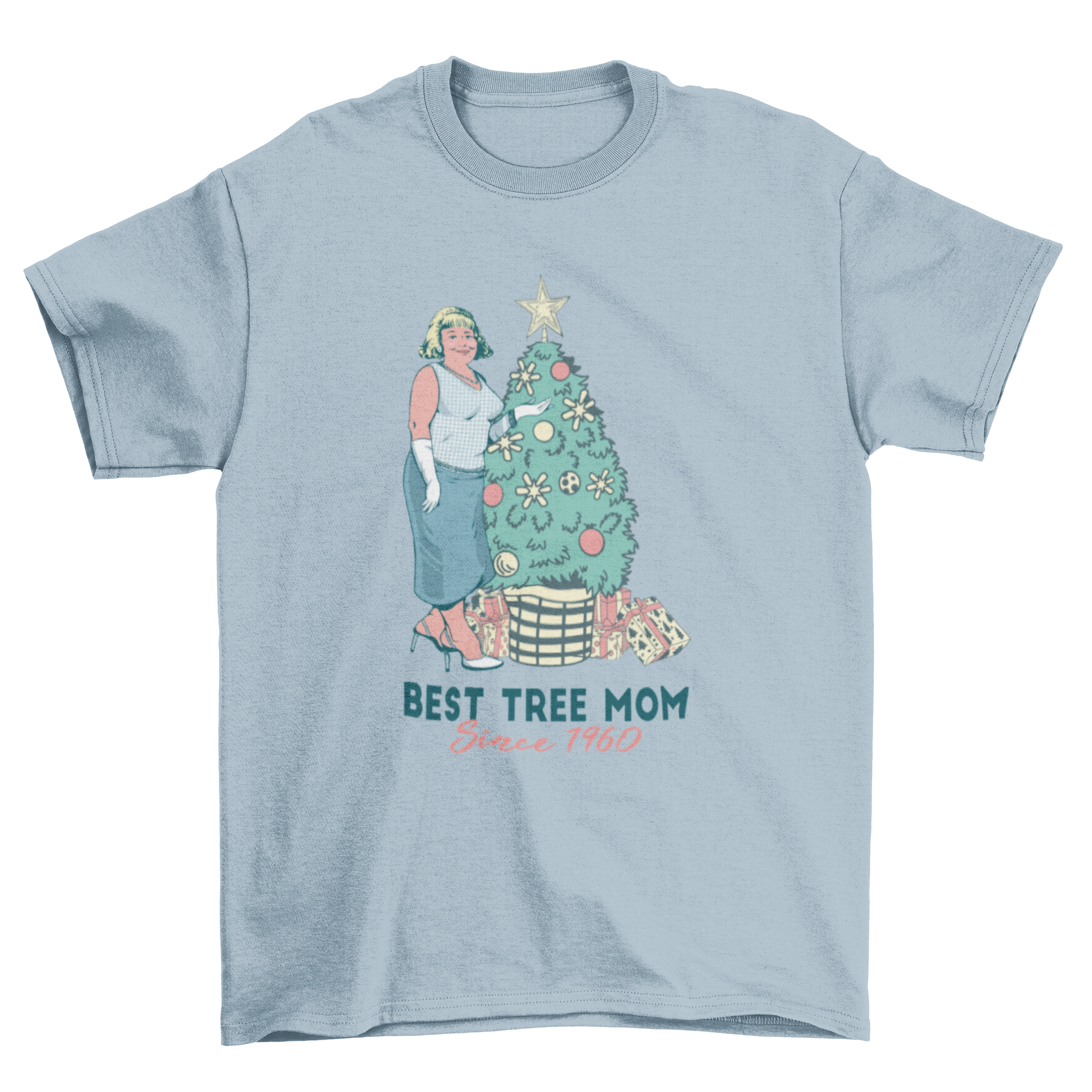 Best Tree Mom T-Shirt featuring a woman beside a Christmas tree with the quote 'Best tree mom since 1960'.