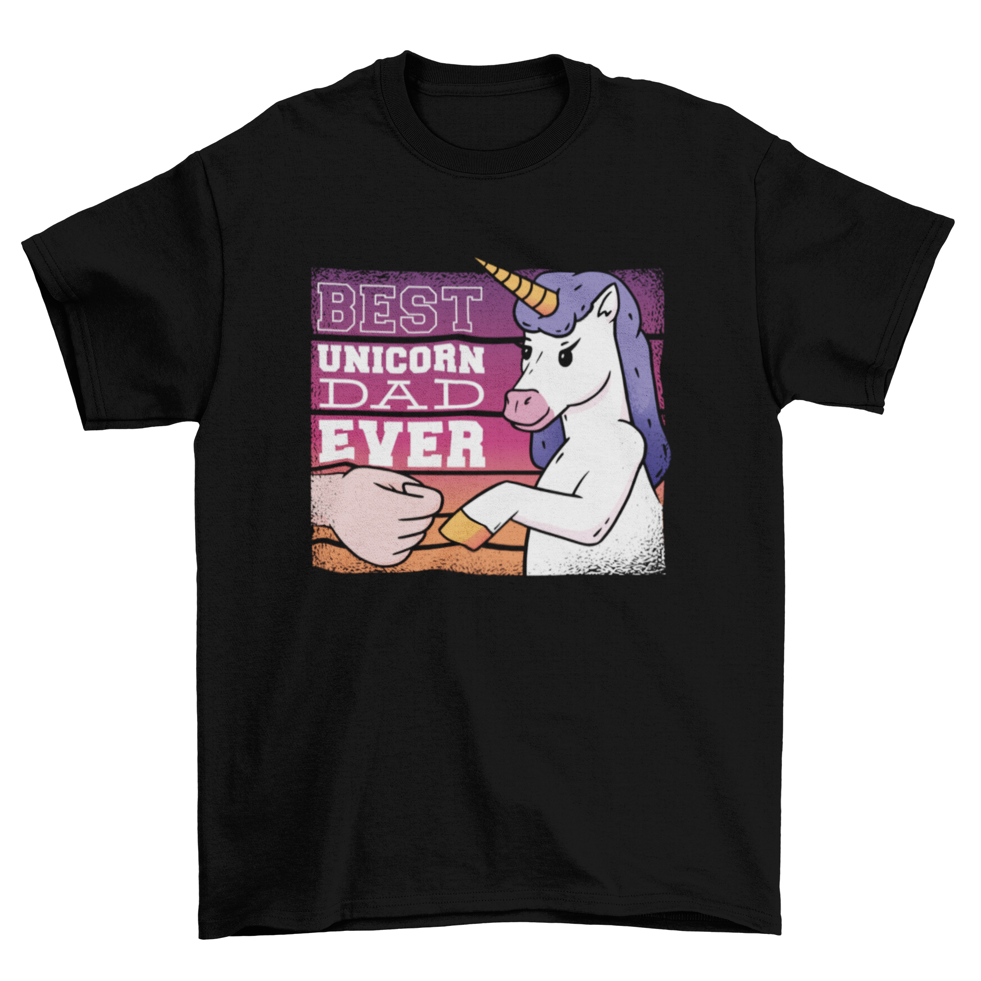 A stylish t-shirt featuring the quote 'Best Unicorn Dad Ever' with a colorful unicorn graphic.