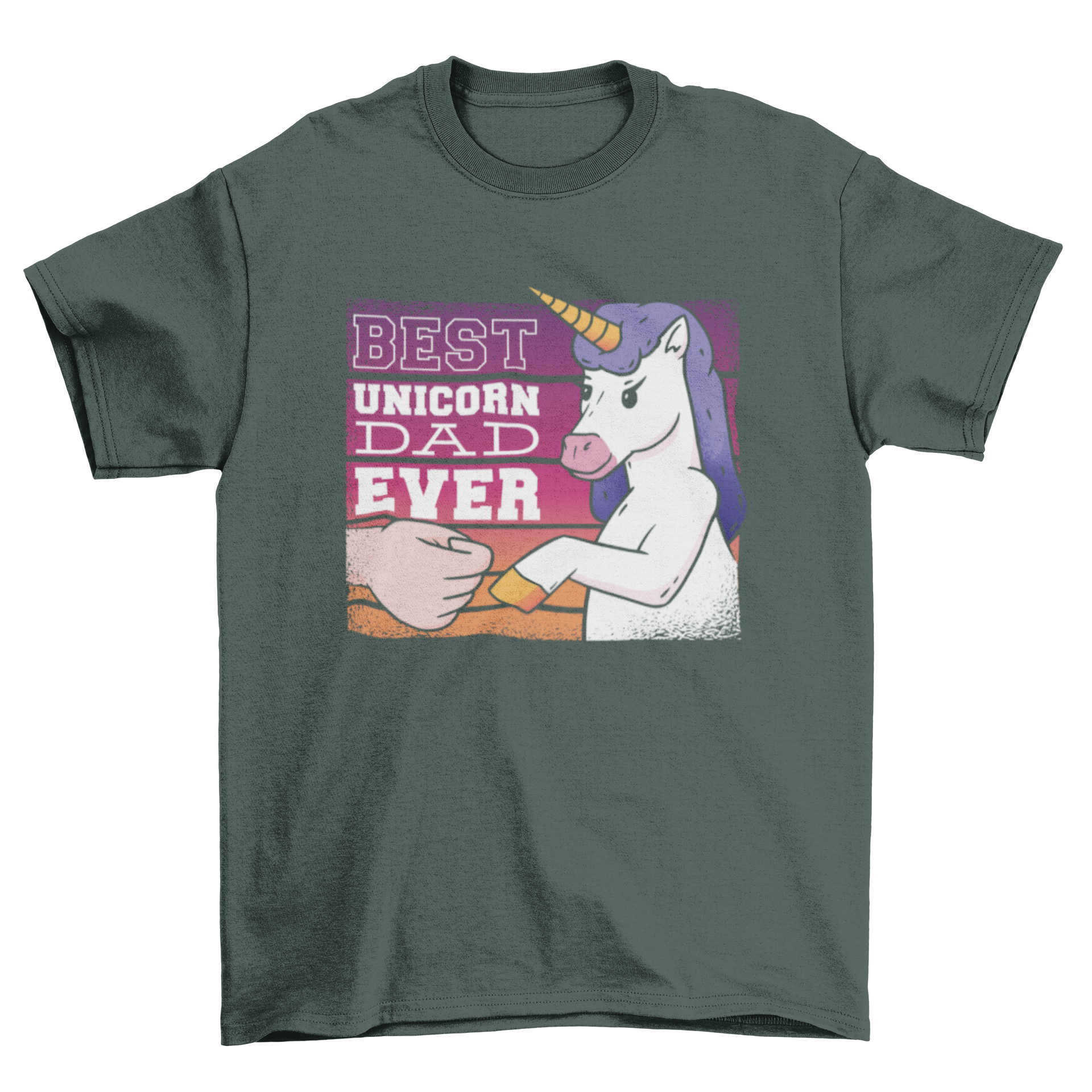 A stylish t-shirt featuring the quote 'Best Unicorn Dad Ever' with a colorful unicorn graphic.