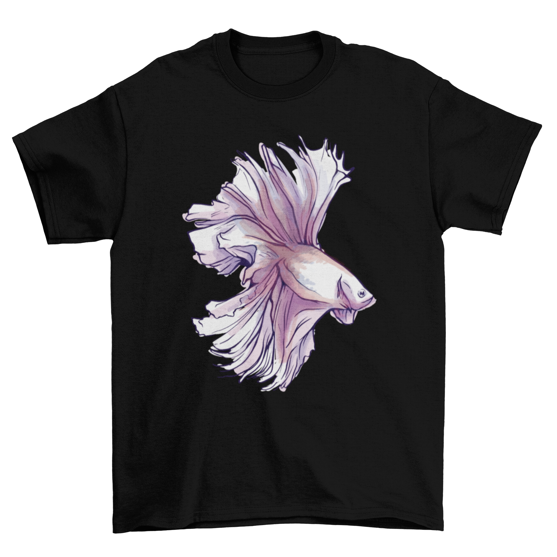 A vibrant watercolor illustration of a Betta fish on a stylish t-shirt, showcasing its colorful fins and intricate details.