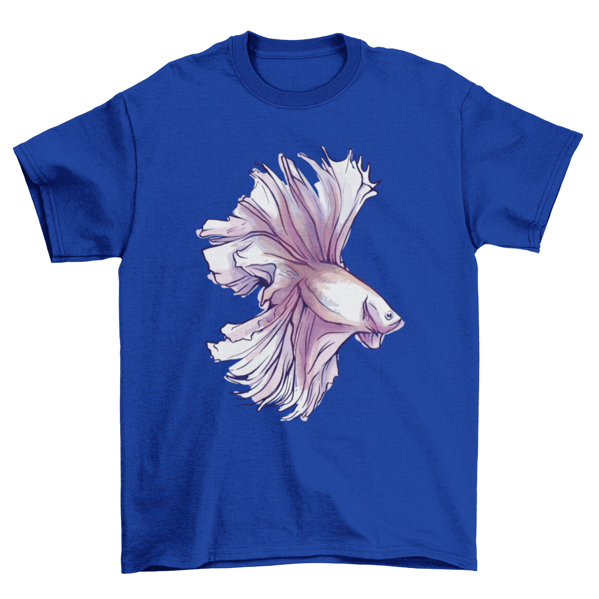 A vibrant watercolor illustration of a Betta fish on a stylish t-shirt, showcasing its colorful fins and intricate details.