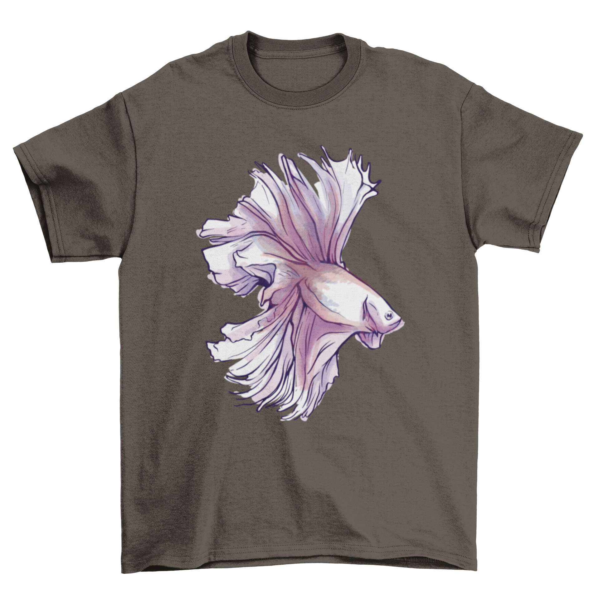 A vibrant watercolor illustration of a Betta fish on a stylish t-shirt, showcasing its colorful fins and intricate details.