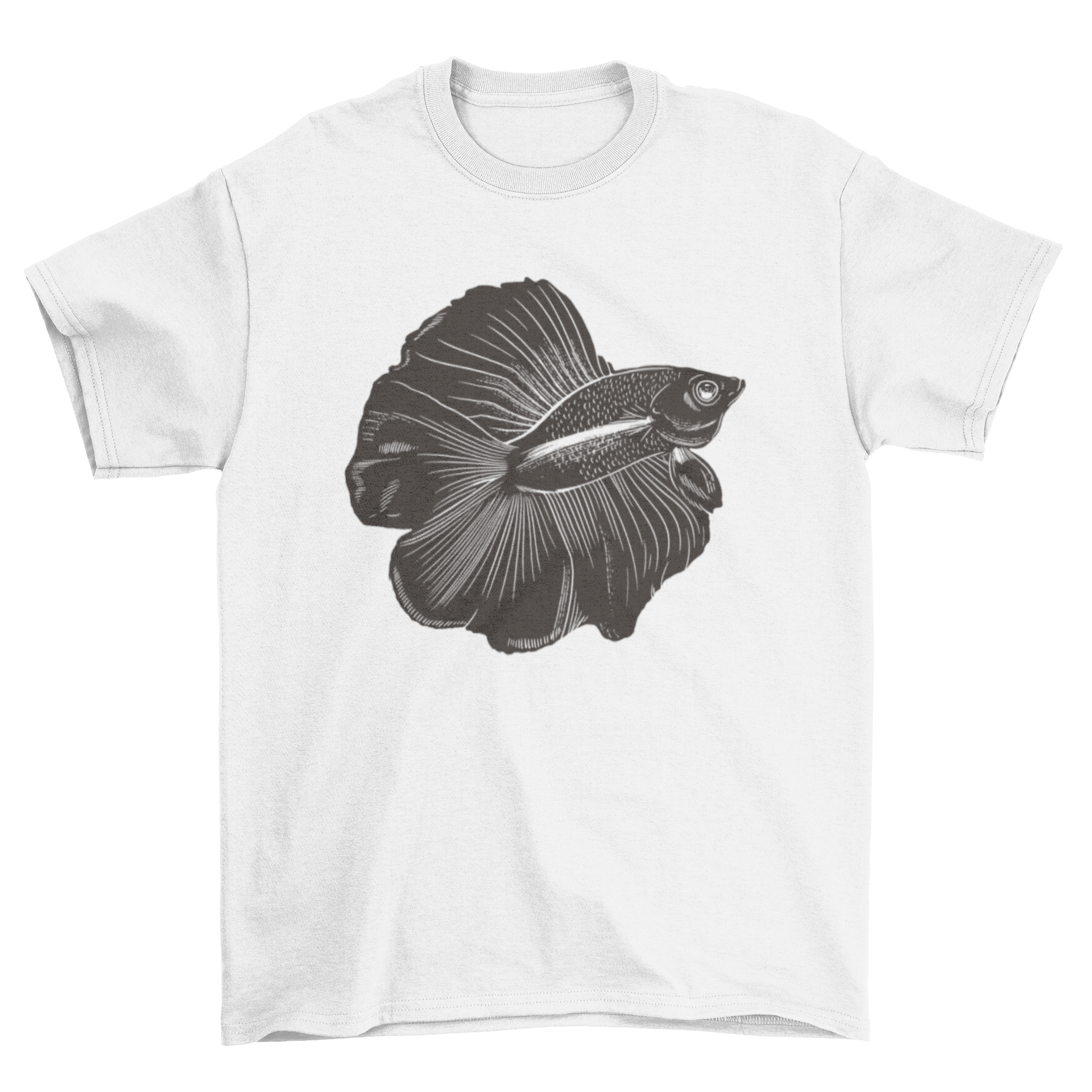 A stylish t-shirt featuring a vibrant illustration of a betta fish, showcasing its colorful fins and elegant form.