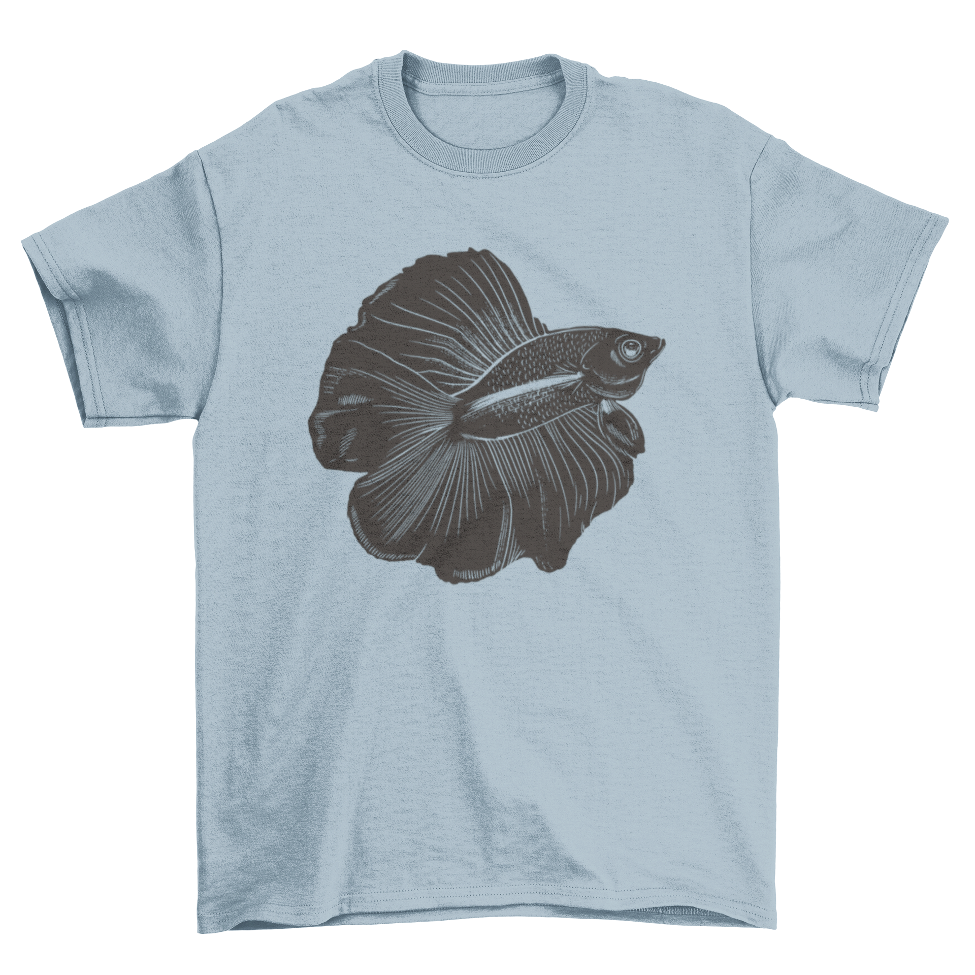 A stylish t-shirt featuring a vibrant illustration of a betta fish, showcasing its colorful fins and elegant form.