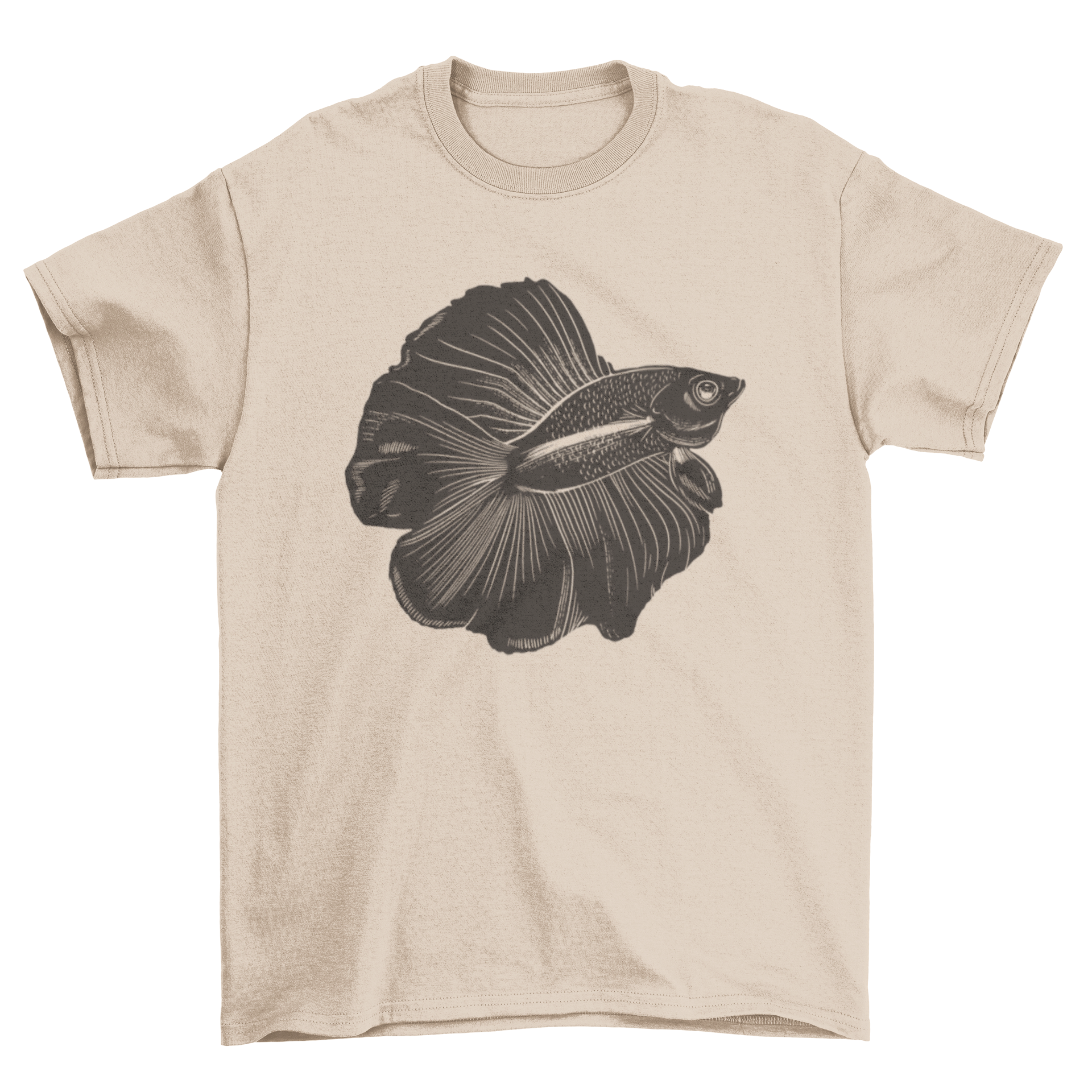 A stylish t-shirt featuring a vibrant illustration of a betta fish, showcasing its colorful fins and elegant form.