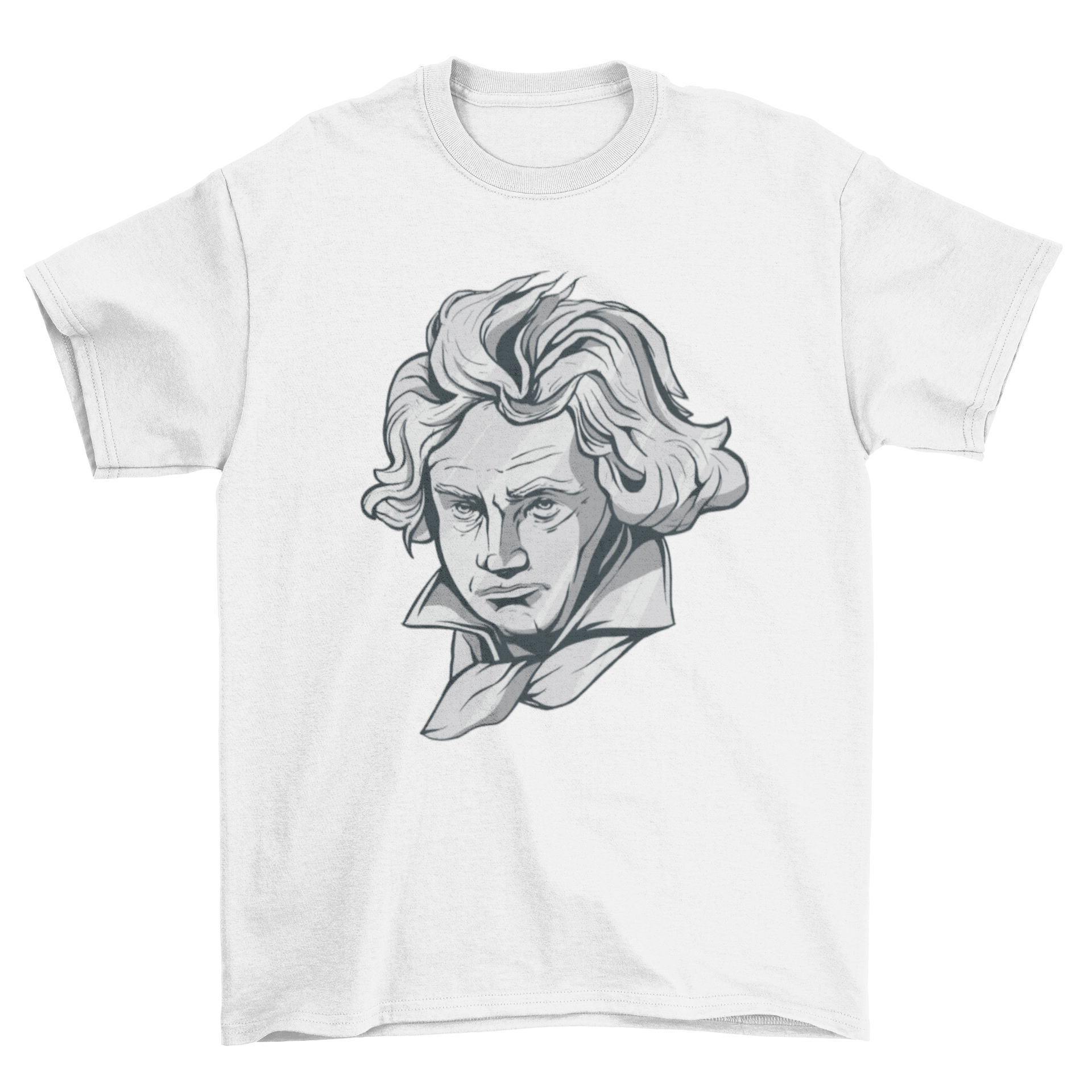 A stylish T-shirt featuring a detailed design of Beethoven's face, perfect for music lovers.