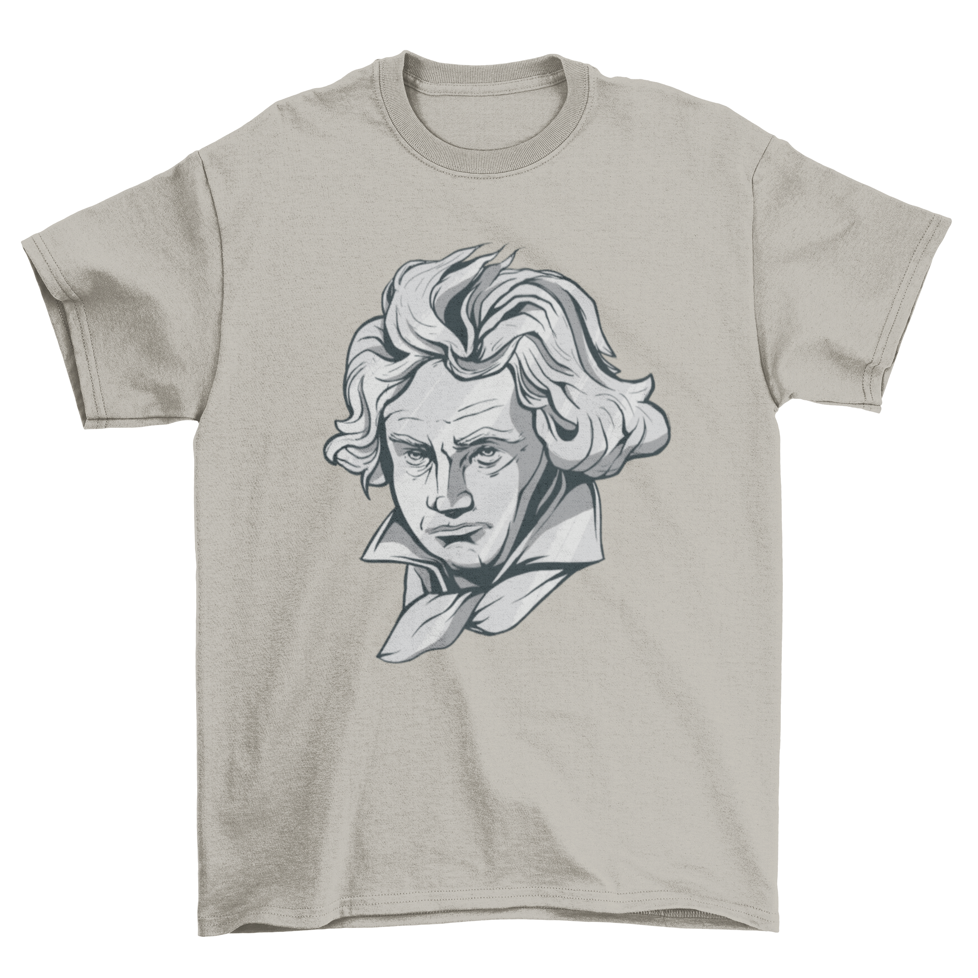 A stylish T-shirt featuring a detailed design of Beethoven's face, perfect for music lovers.