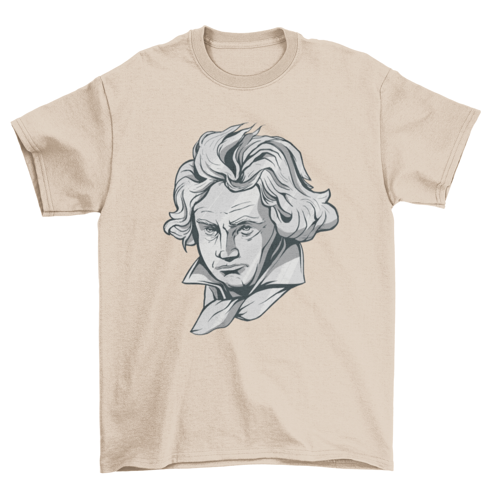 A stylish T-shirt featuring a detailed design of Beethoven's face, perfect for music lovers.