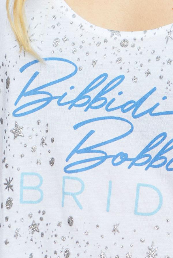 Bibbidi Bobbidi Bride tank top in white with sparkly lettering, and blue tank top with Party 'Til Midnight text, showcasing their flowy fit.