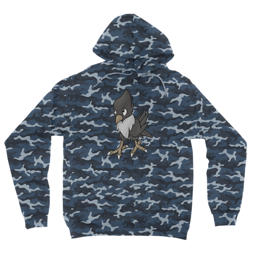 BiChip Camouflage Adult Hoodie featuring an all-over camo design, flat lace drawcords, and a kangaroo pouch pocket.