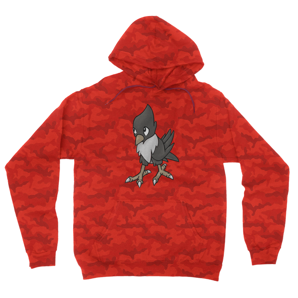 BiChip Camouflage Adult Hoodie featuring an all-over camo design, flat lace drawcords, and a kangaroo pouch pocket.