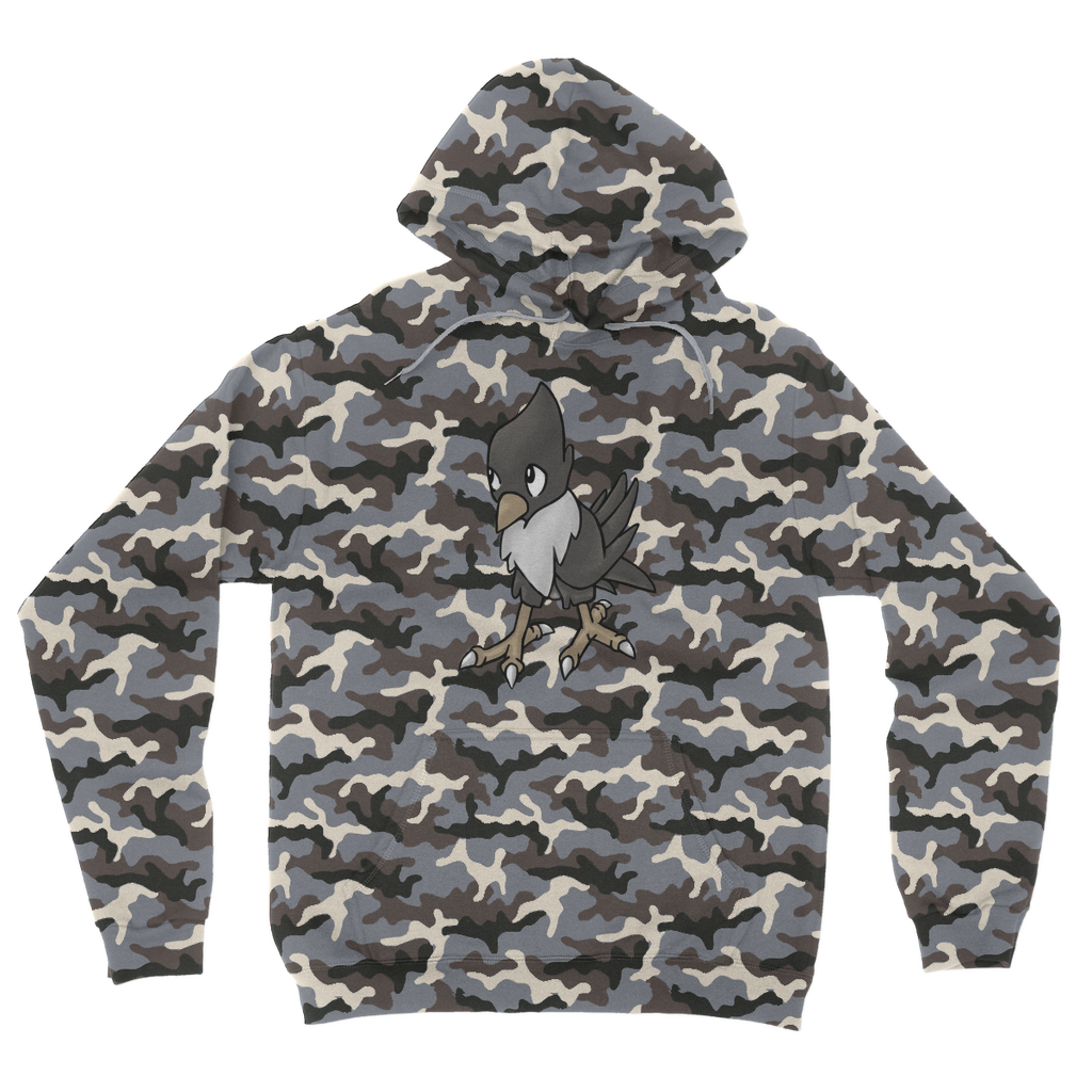 BiChip Camouflage Adult Hoodie featuring an all-over camo design, flat lace drawcords, and a kangaroo pouch pocket.