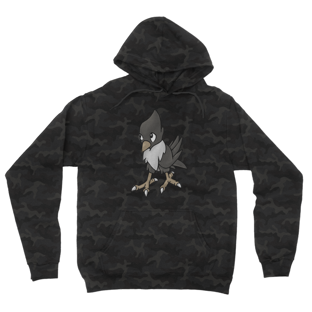 BiChip Camouflage Adult Hoodie featuring an all-over camo design, flat lace drawcords, and a kangaroo pouch pocket.