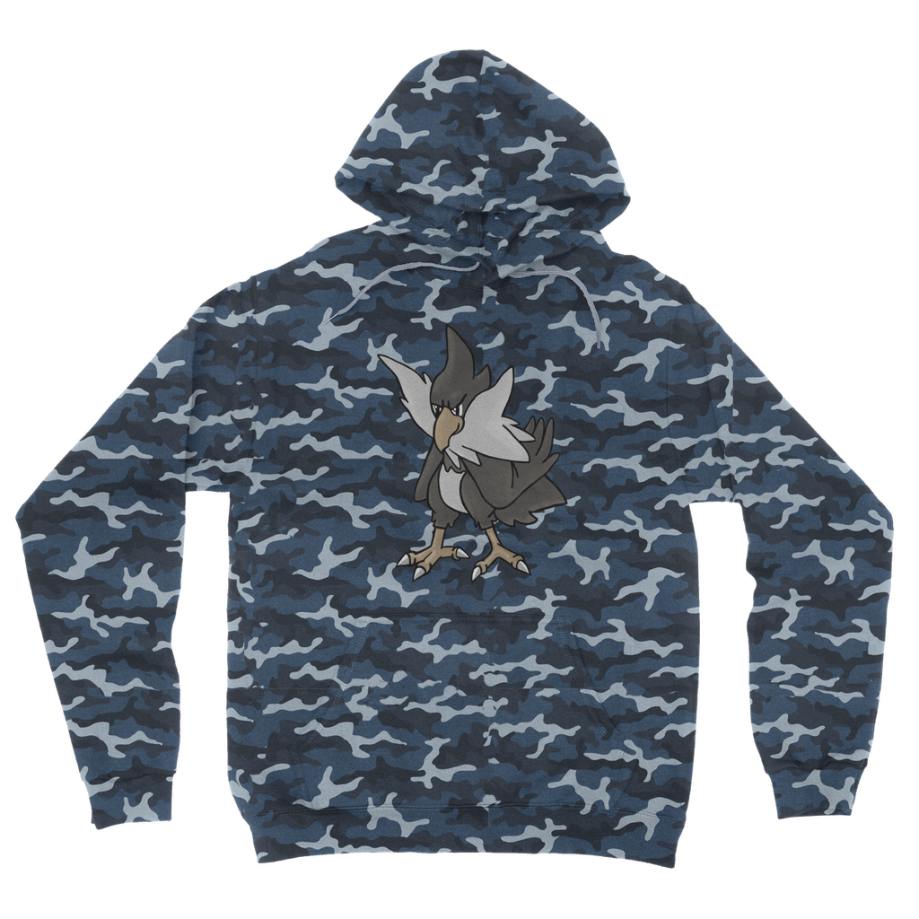 BiChipla Camouflage Adult Hoodie featuring a stylish all-over camo print, double fabric hood, and kangaroo pouch pocket.