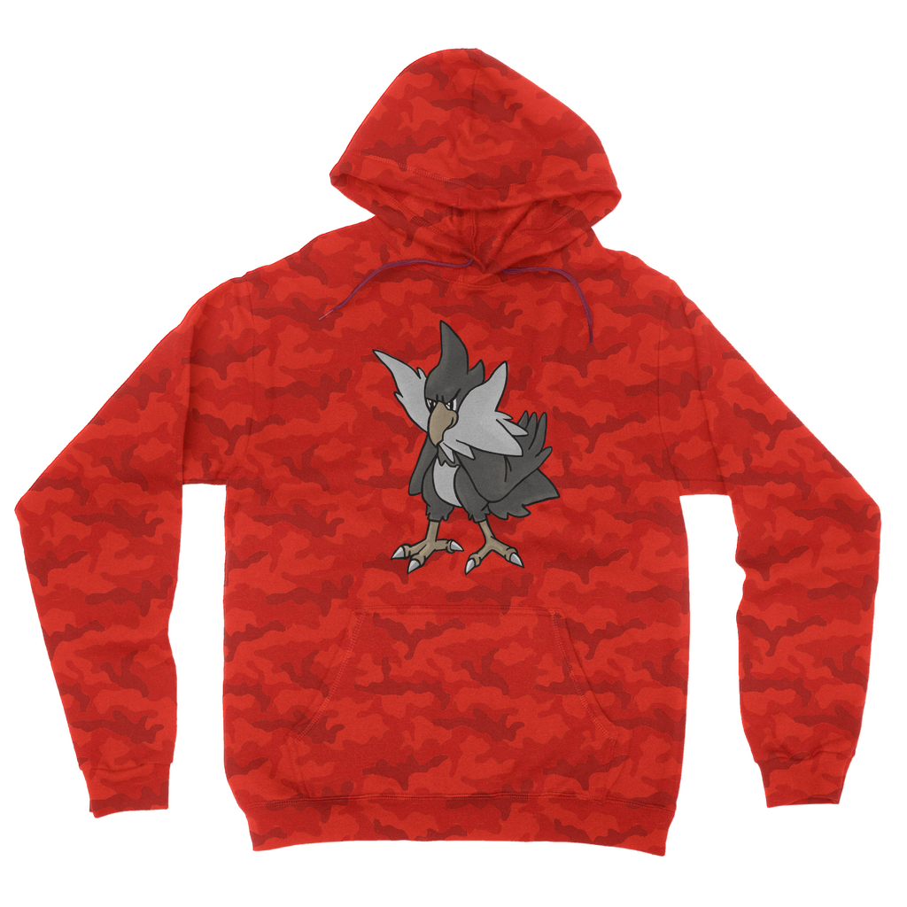 BiChipla Camouflage Adult Hoodie featuring a stylish all-over camo print, double fabric hood, and kangaroo pouch pocket.